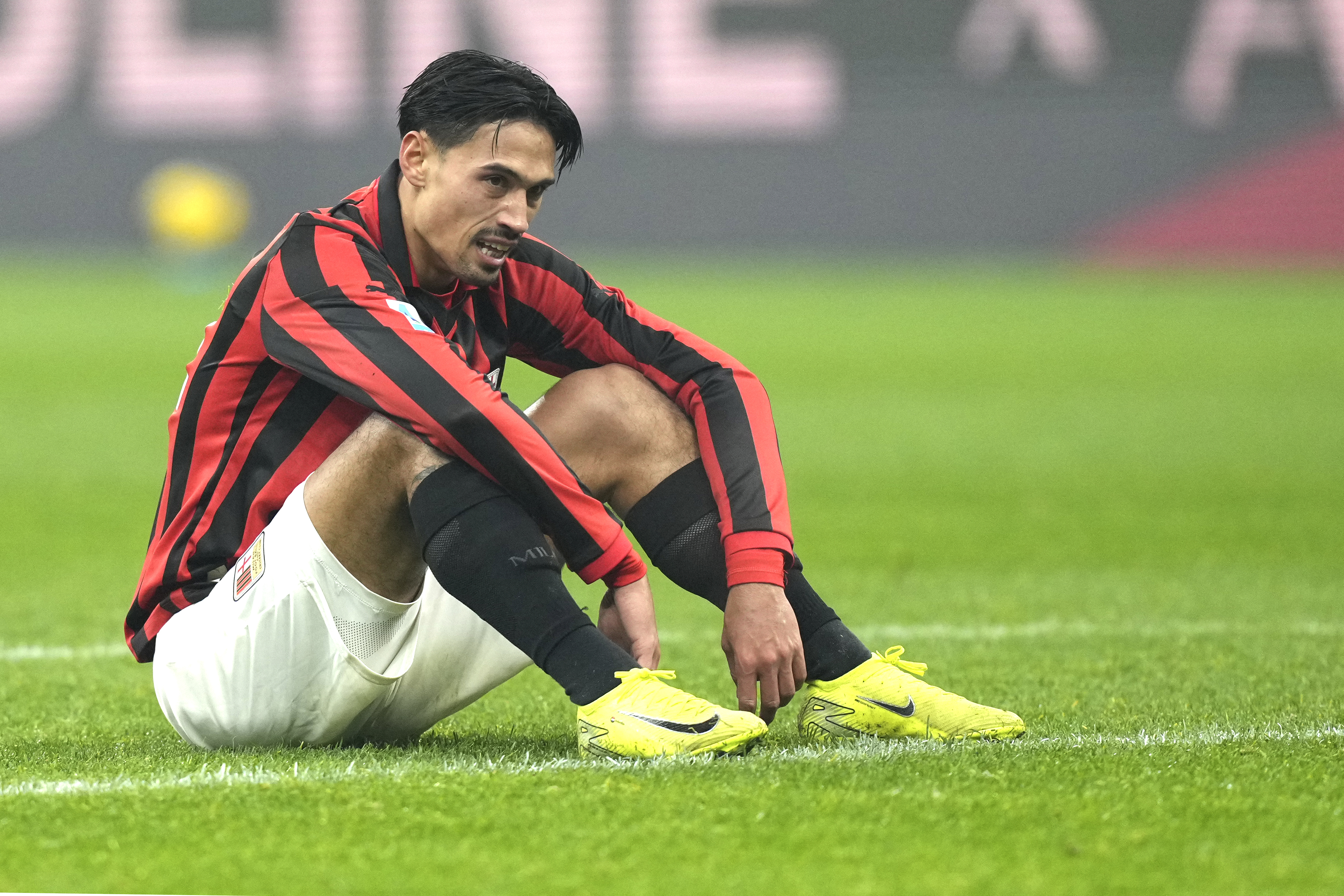 AC Milan's Tijjani Reijnders reacts during the Serie A soccer match between AC Milan and Genoa at the San Siro stadium, in Milan, Italy, Sunday, Dec. 15, 2024.
