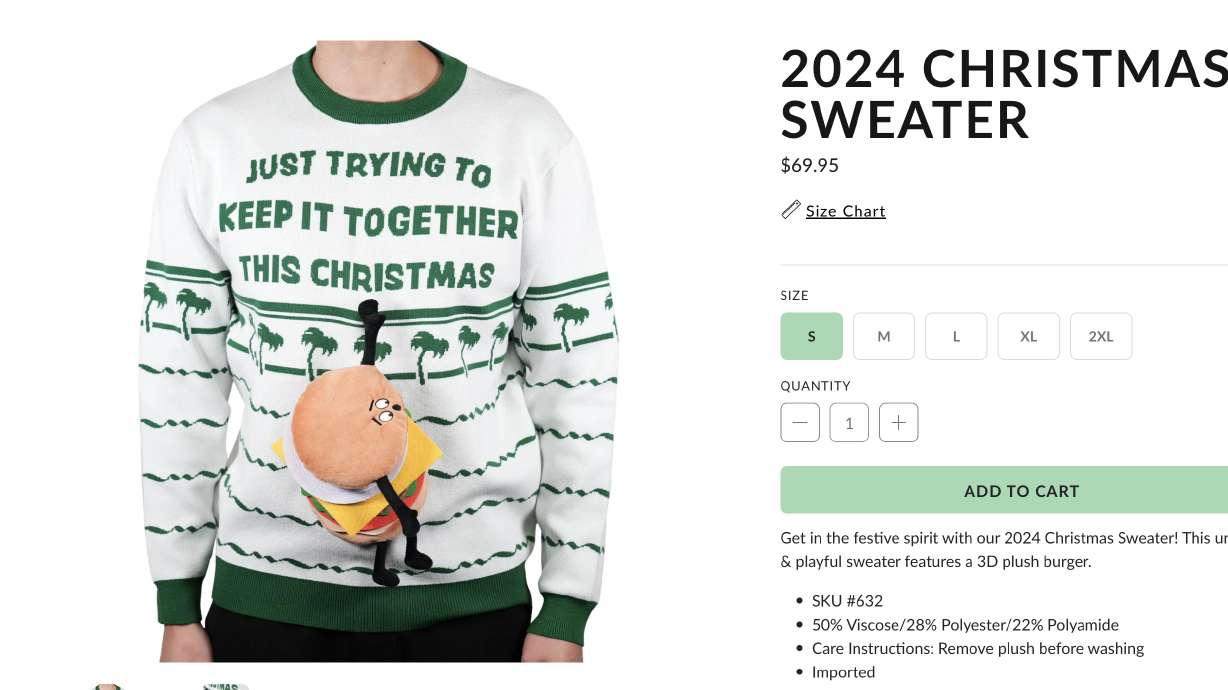 In-N-Out Burger's new Christmas sweater has an eye-popping feature — a 3D hamburger dangling down the front, hanging on for dear life.