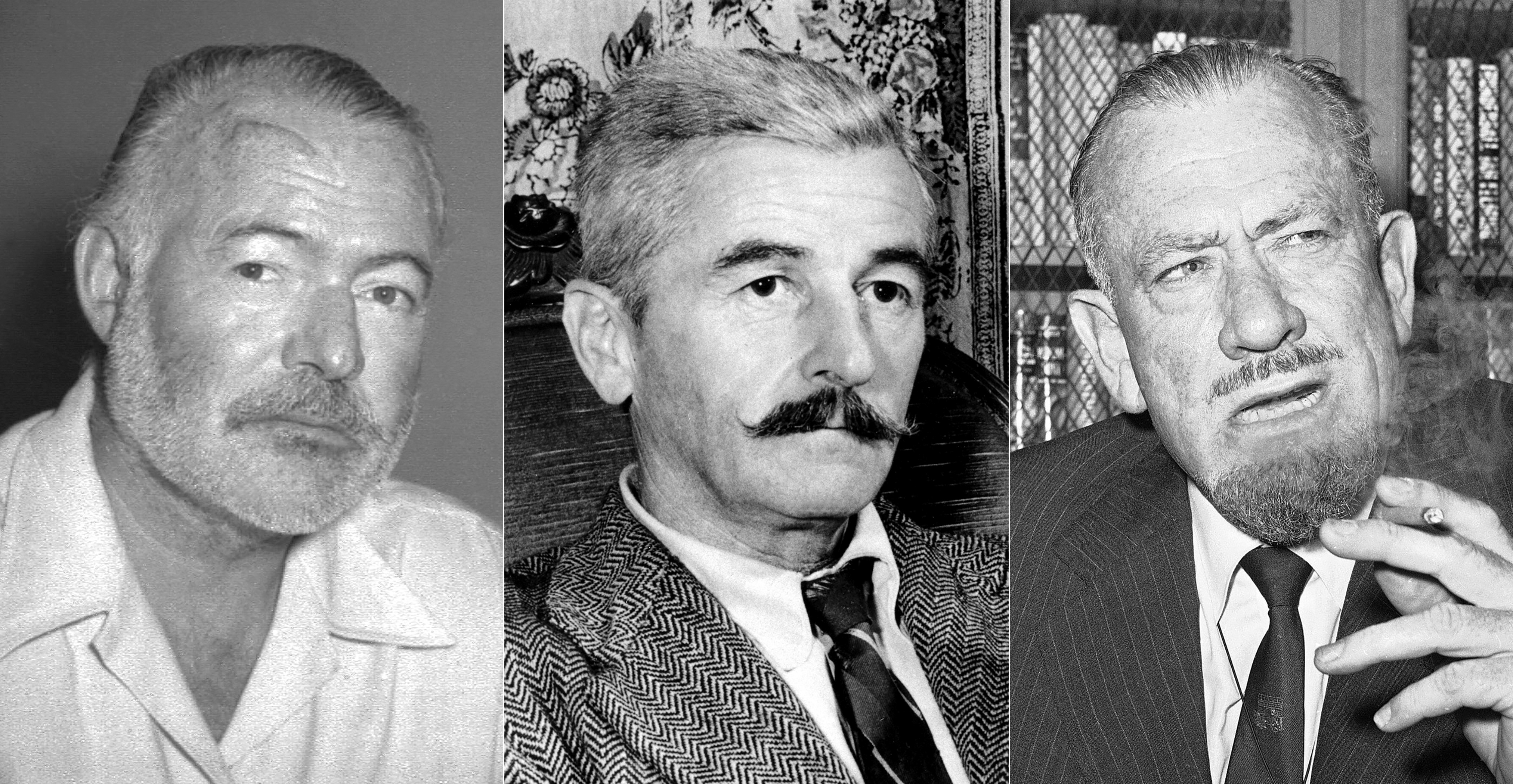 This combination of photos show authors Ernest Hemingway in 1950, left, William Faulkner in 1950, center, and John Steinbeck in 1962.