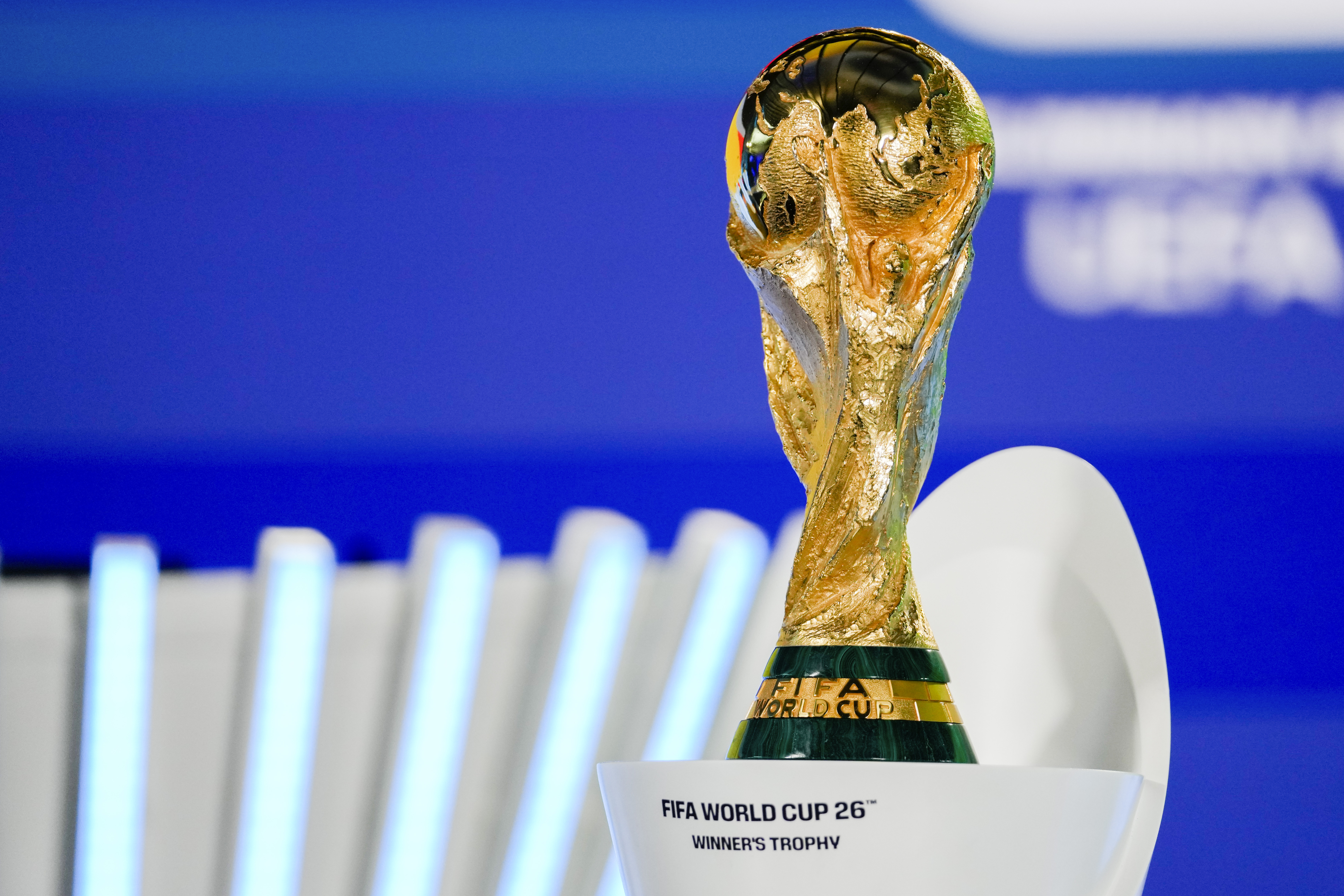 The FIFA World Cup 26 trophy is displayed during the UEFA Preliminary Draw at FIFA headquarters in Zurich, Switzerland, Friday, December 13, 2024.
