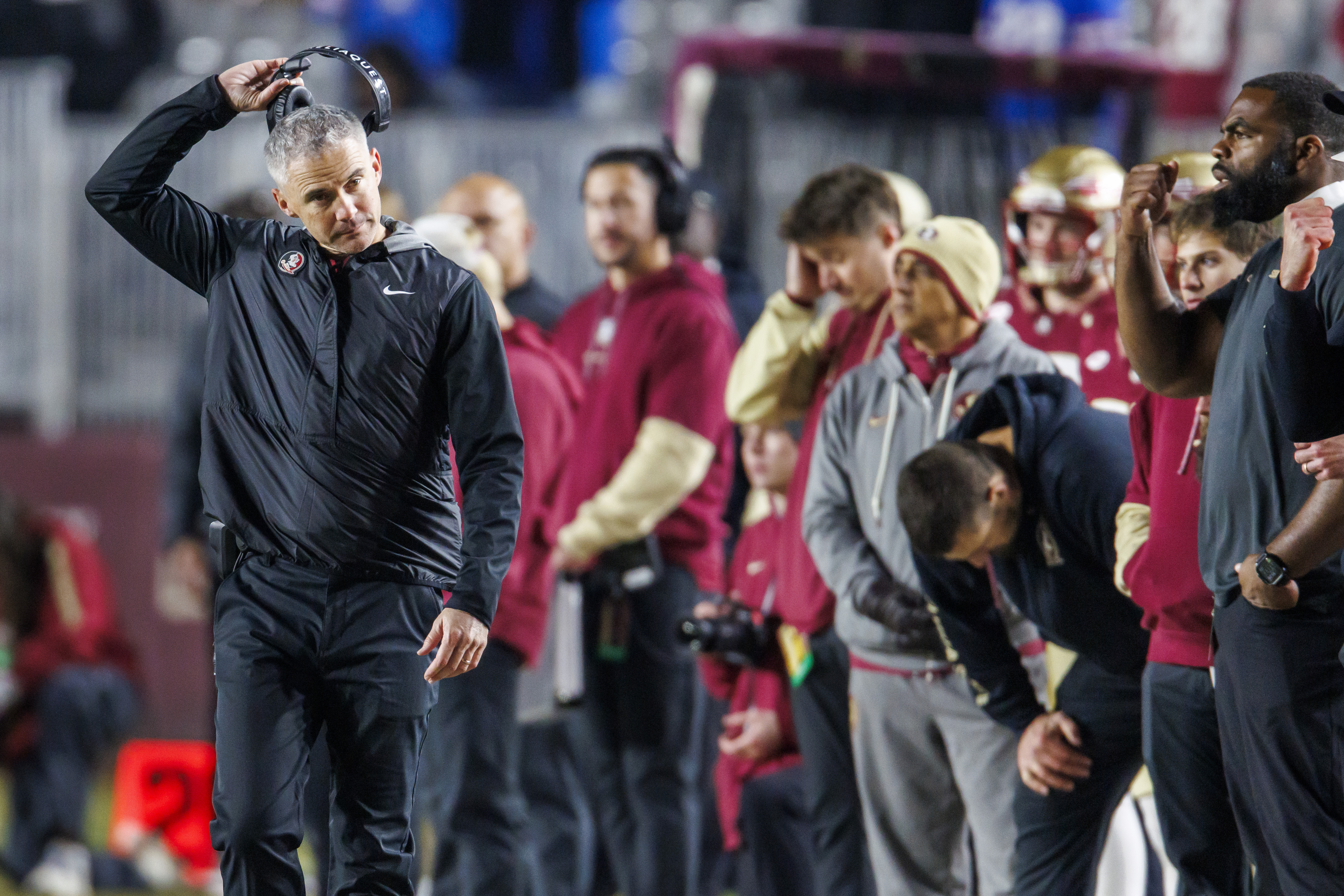 Florida State head coach Mike Norvell reacts to his team's play against Florida late in the second half of an NCAA college football game Saturday, Nov. 30, 2024, in Tallahassee, Fla. 