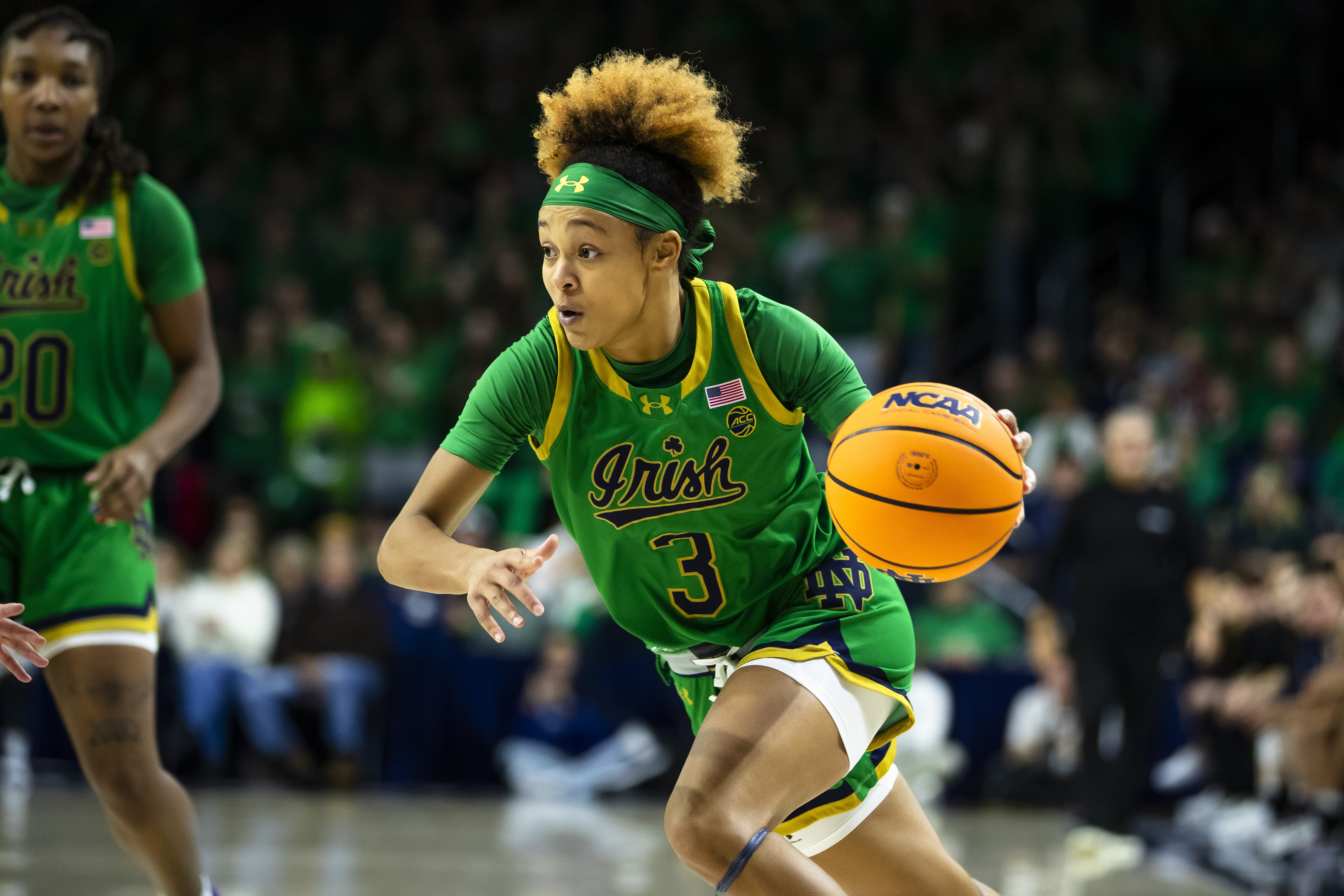 Notre Dame guard Hannah Hidalgo (3) drives to the basket during the second half of an NCAA college basketball game against UConn, Thursday, Dec. 12, 2024, in South Bend, Ind. 