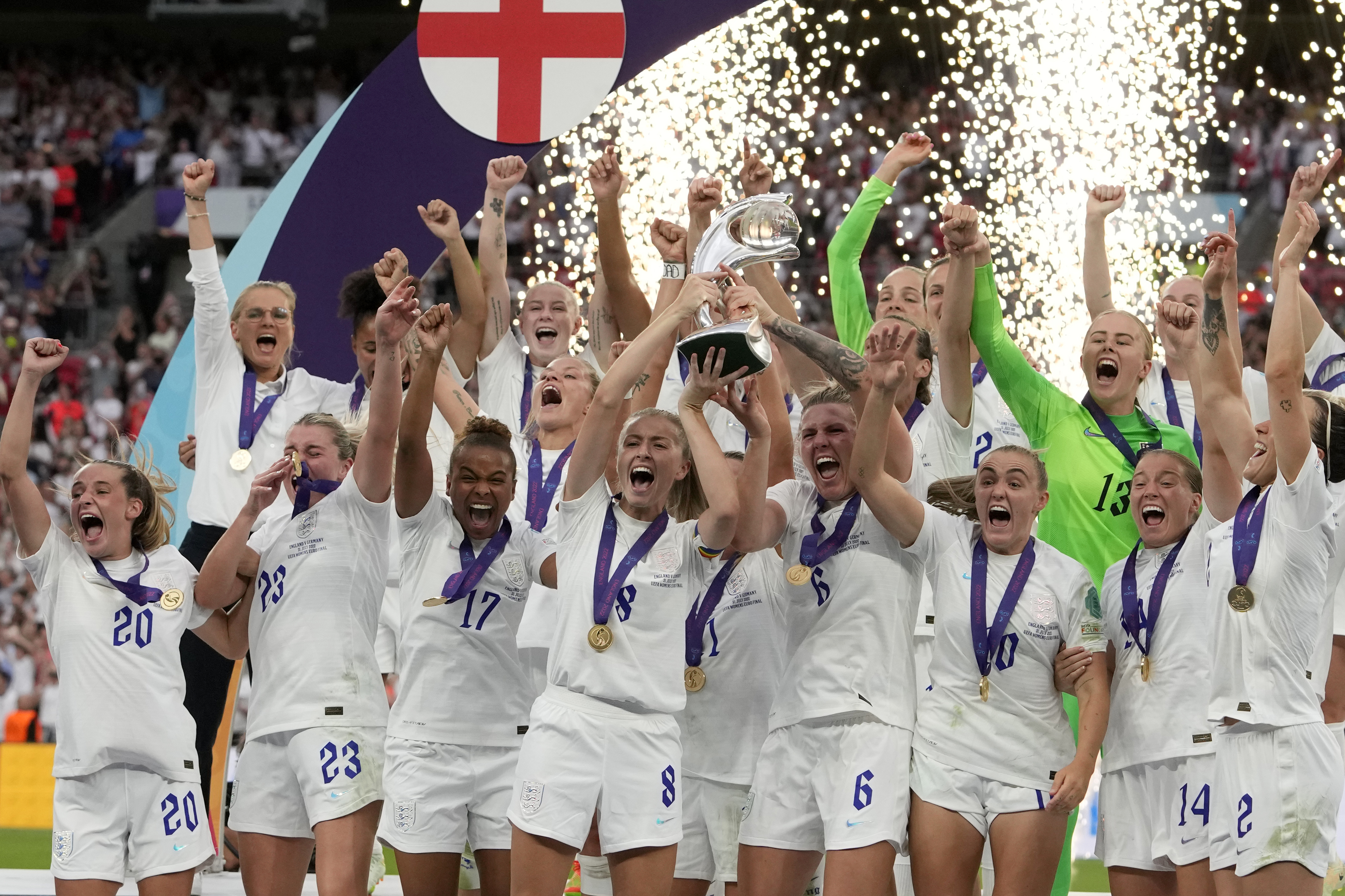FILE - England's Leah Williamson, center left, and Millie Bright lift the trophy after winning the Women's Euro 2022 final soccer match between England and Germany at Wembley stadium in London, Sunday, July 31, 2022. England won 2-1.