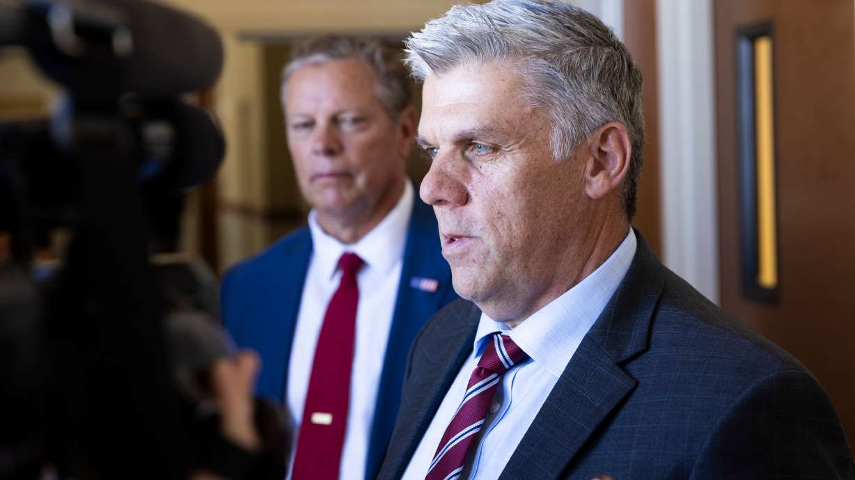Governor candidate Phil Lyman makes a statement with Layne Bangerter at the 3rd District Court in West Jordan, on May 3, 2024. A judge dismissed a lawsuit filed by Lyman against two other write-in gubernatorial candidates who share his last name.