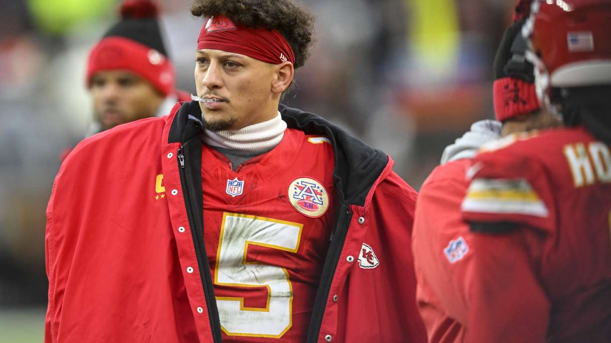 Kansas City Chiefs quarterback Patrick Mahomes watches play during the second half of an NFL football game against the Cleveland Browns, Sunday, Dec. 15, 2024, in Cleveland.