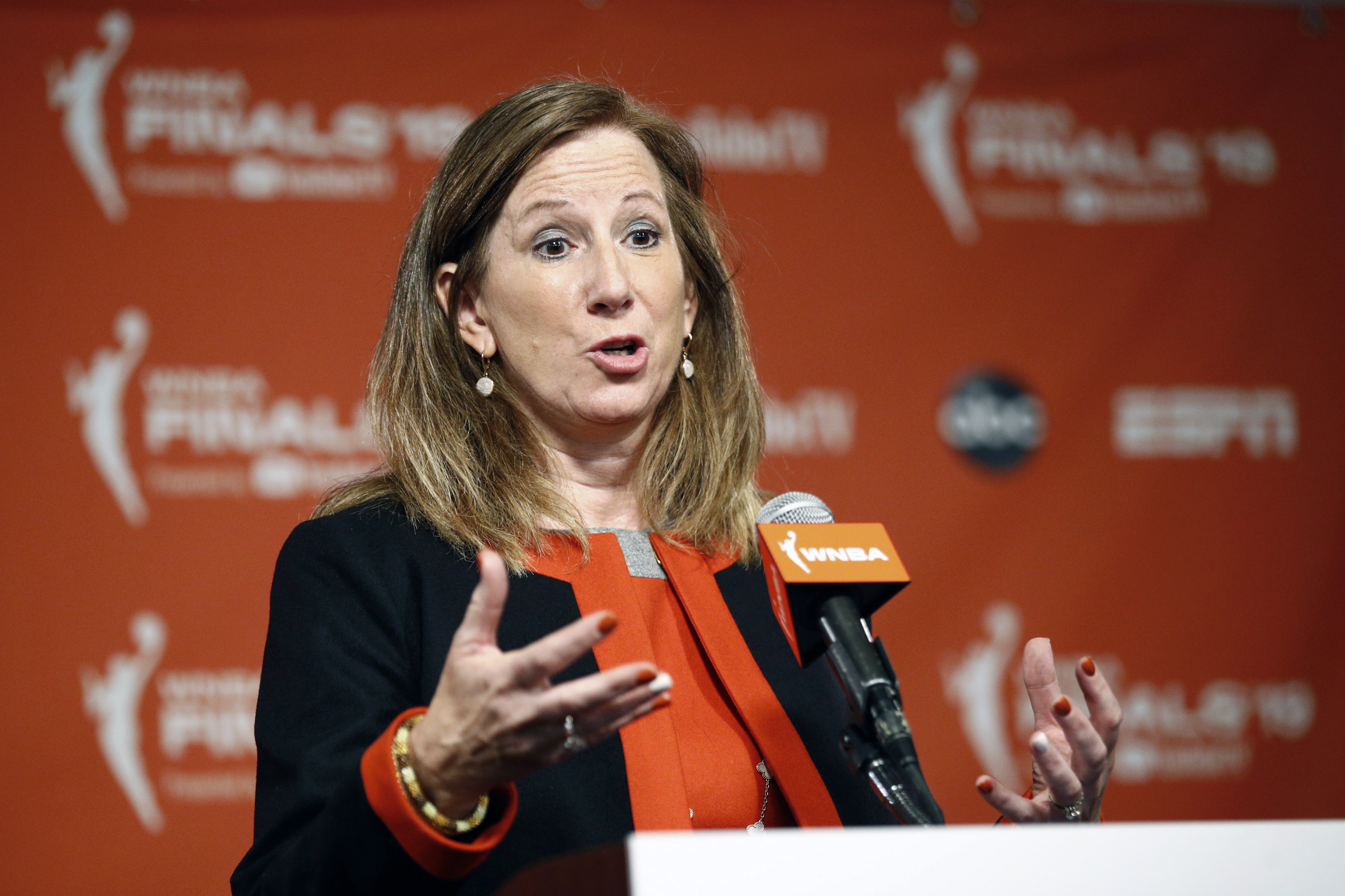 FILE - WNBA Commissioner Cathy Engelbert speaks at a news conference before Game 1 of basketball's WNBA Finals between the Connecticut Sun and the Washington Mystics, Sunday, Sept. 29, 2019, in Washington.