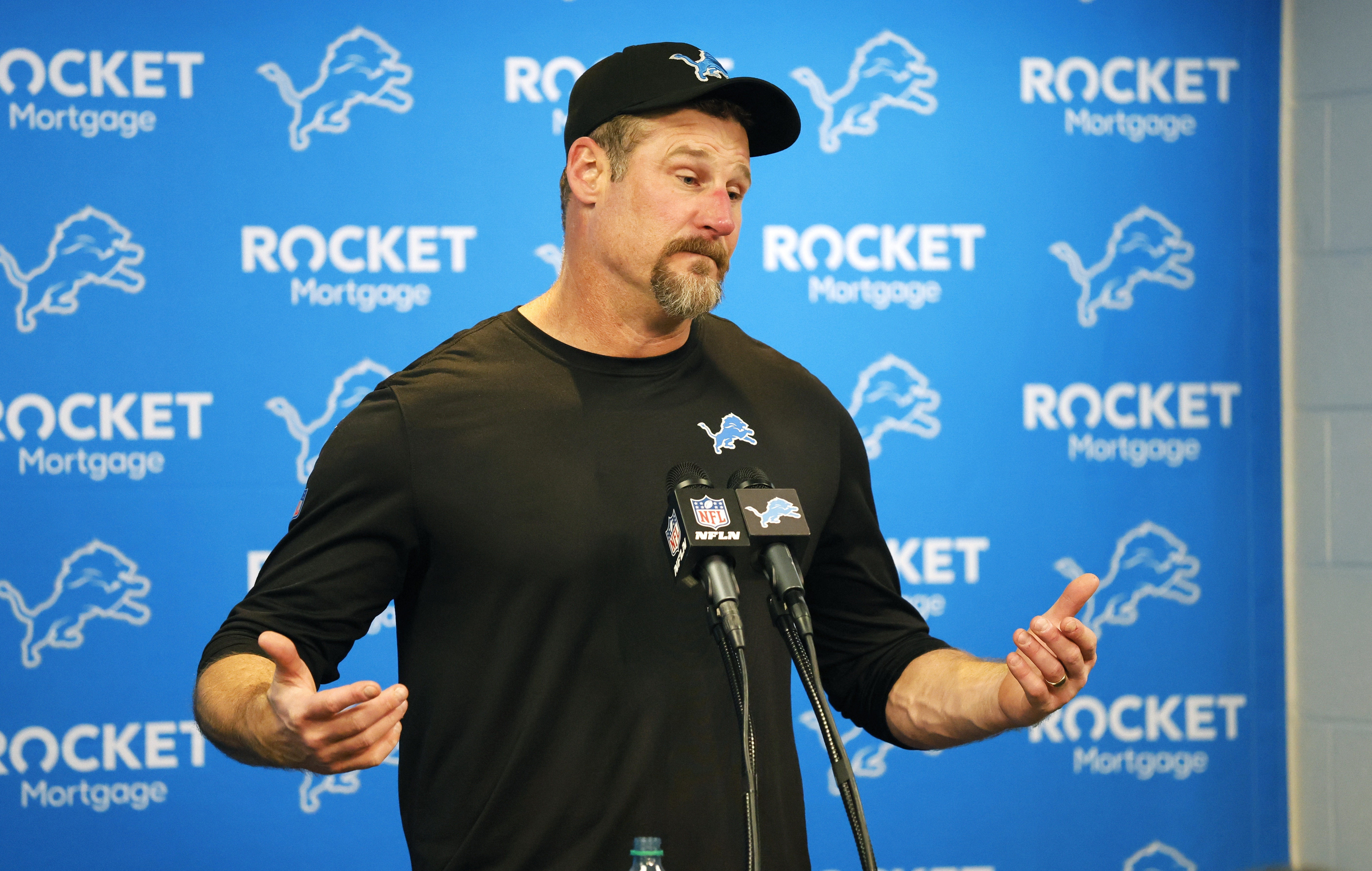 Detroit Lions head coach Dan Campbell speaks at a news conference after an NFL football game against the Buffalo Bills, Sunday, Dec. 15, 2024, in Detroit. 