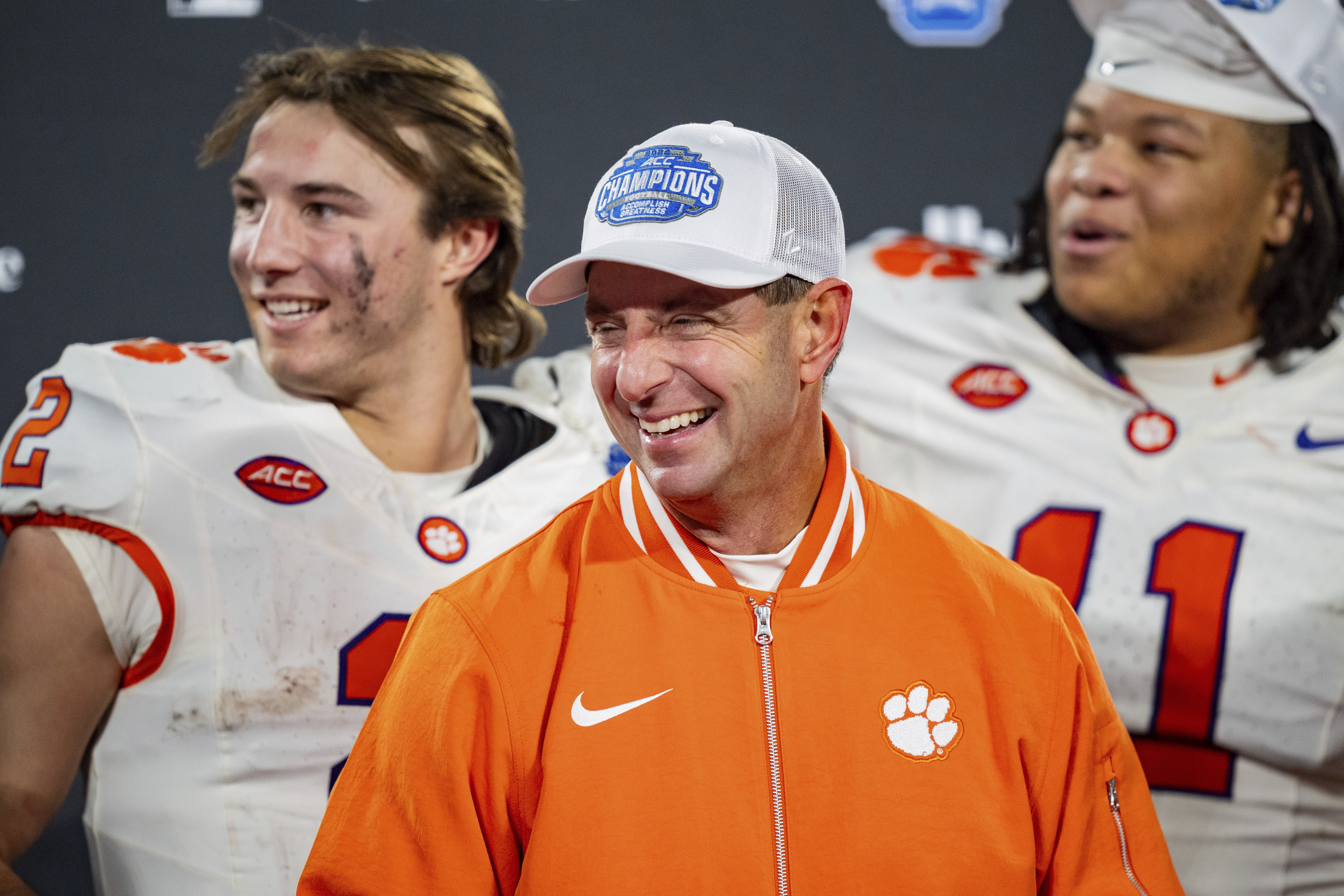 Clemson head coach Dabo Swinney looks on after defeating SMU during the Atlantic Coast Conference championship NCAA college football game Saturday, Dec. 7, 2024, in Charlotte, N.C. 