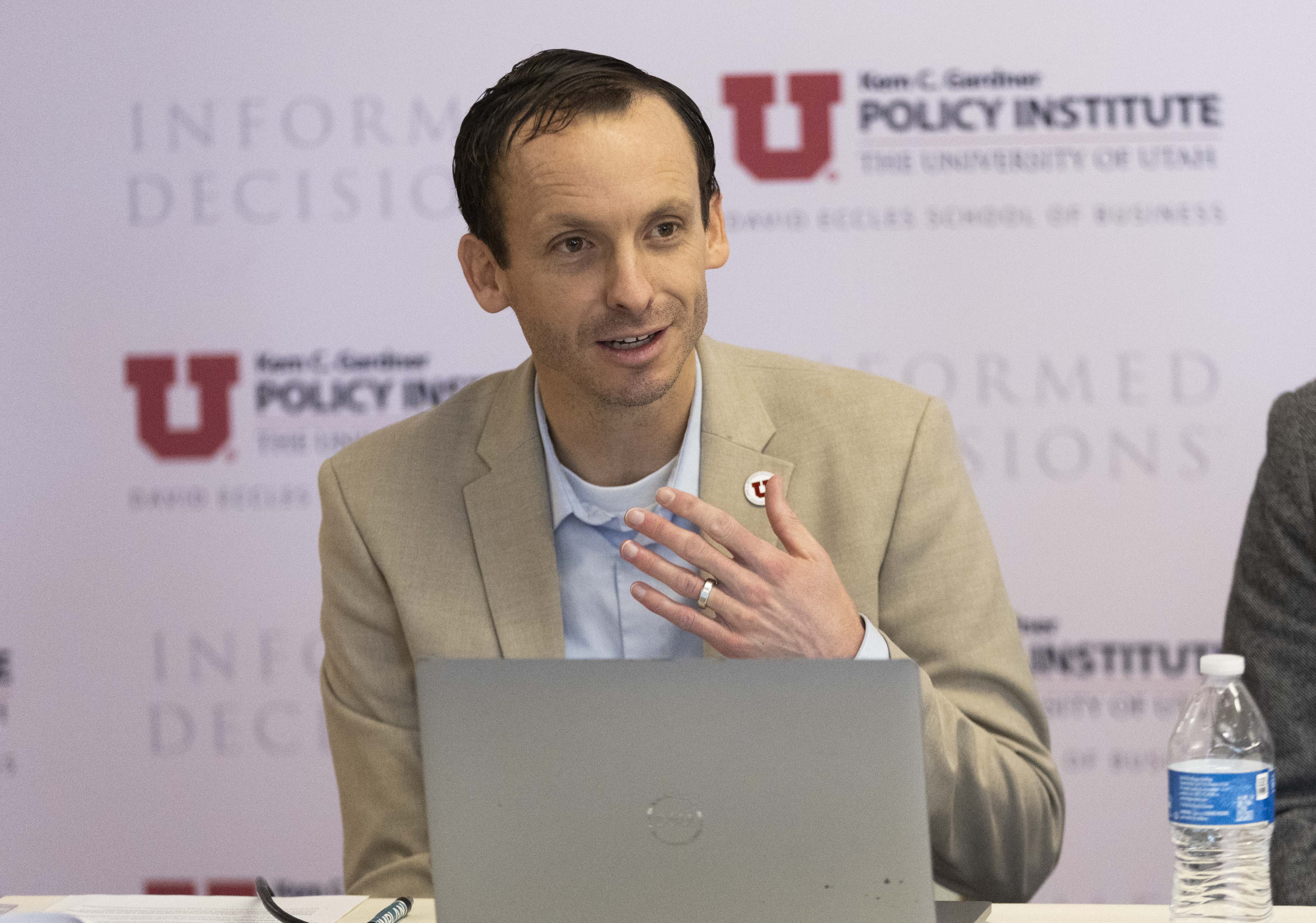 Nate Lloyd, director of economic research at the Kem C. Gardner Policy Institute, talks to media during a roundtable held by the Gardner Policy Institute to discuss Utah's innovation ecosystems at the Thomas S. Monson Center in Salt Lake City on Monday.