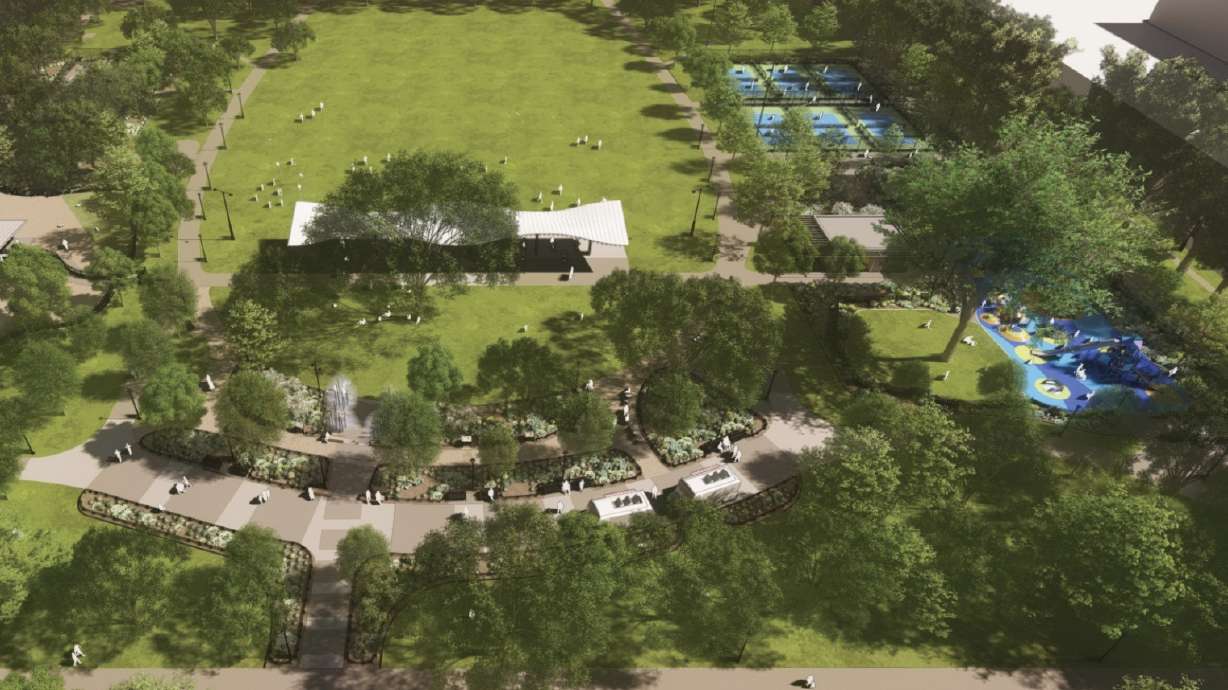 A rendering of what Pioneer Park in Salt Lake City will look like after a project that could begin in 2025. Planning for park upgrades begin in 2019.