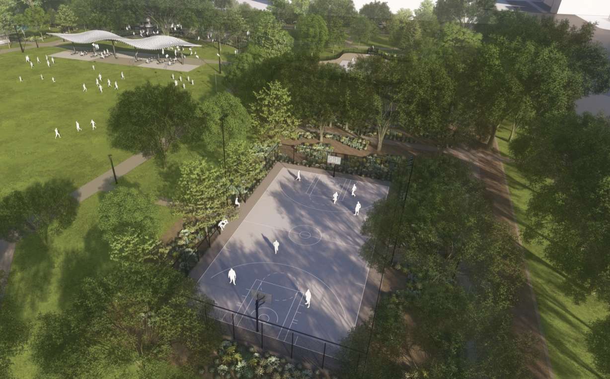 Рендеринг новой баскетбольной площадки в Пионерском парке. Работы могут начаться уже в сентябре 2025 года.