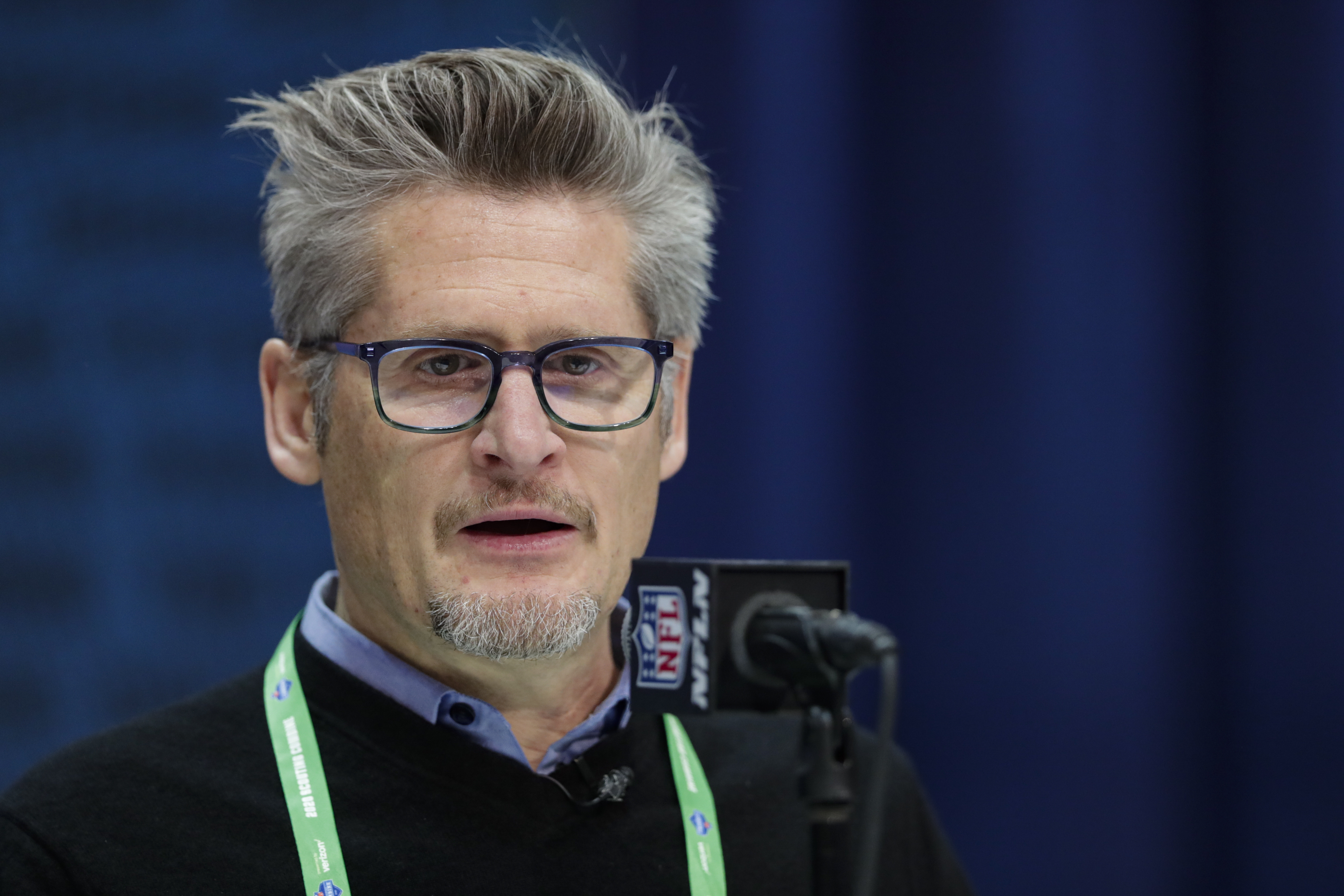 FILE - Atlanta Falcons general manager Thomas Dimitroff speaks during a press conference at the NFL football scouting combine in Indianapolis, Feb. 25, 2020. 