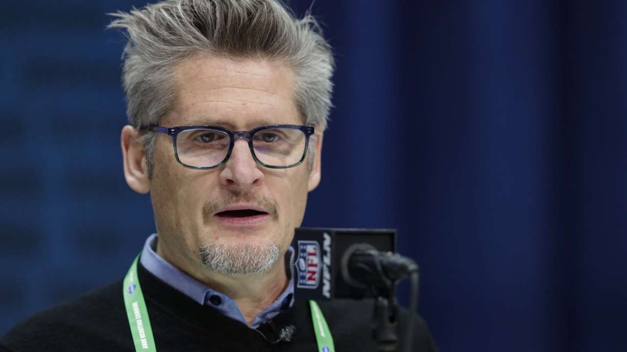 FILE - Atlanta Falcons general manager Thomas Dimitroff speaks during a press conference at the NFL football scouting combine in Indianapolis, Feb. 25, 2020.