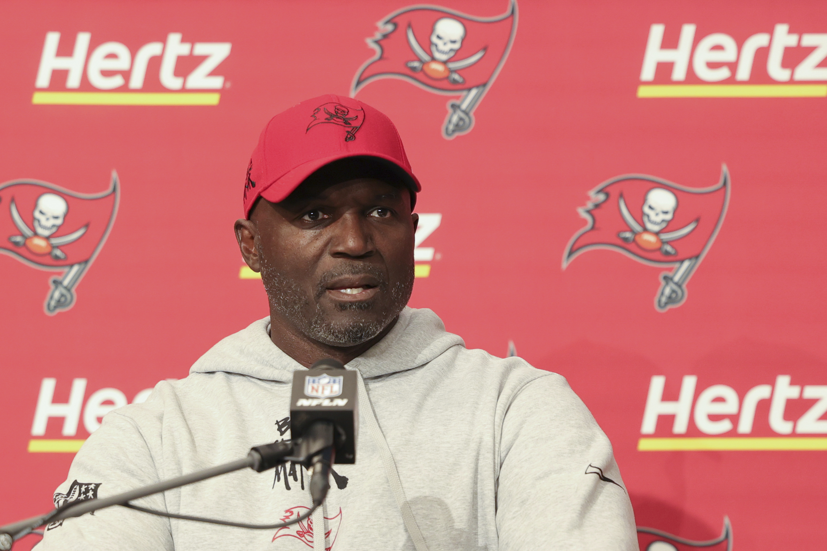 Tampa Bay Buccaneers head coach Todd Bowles answers a question after an NFL football game against the Los Angeles Chargers, Sunday, Dec. 15, 2024, in Inglewood, Calif. 