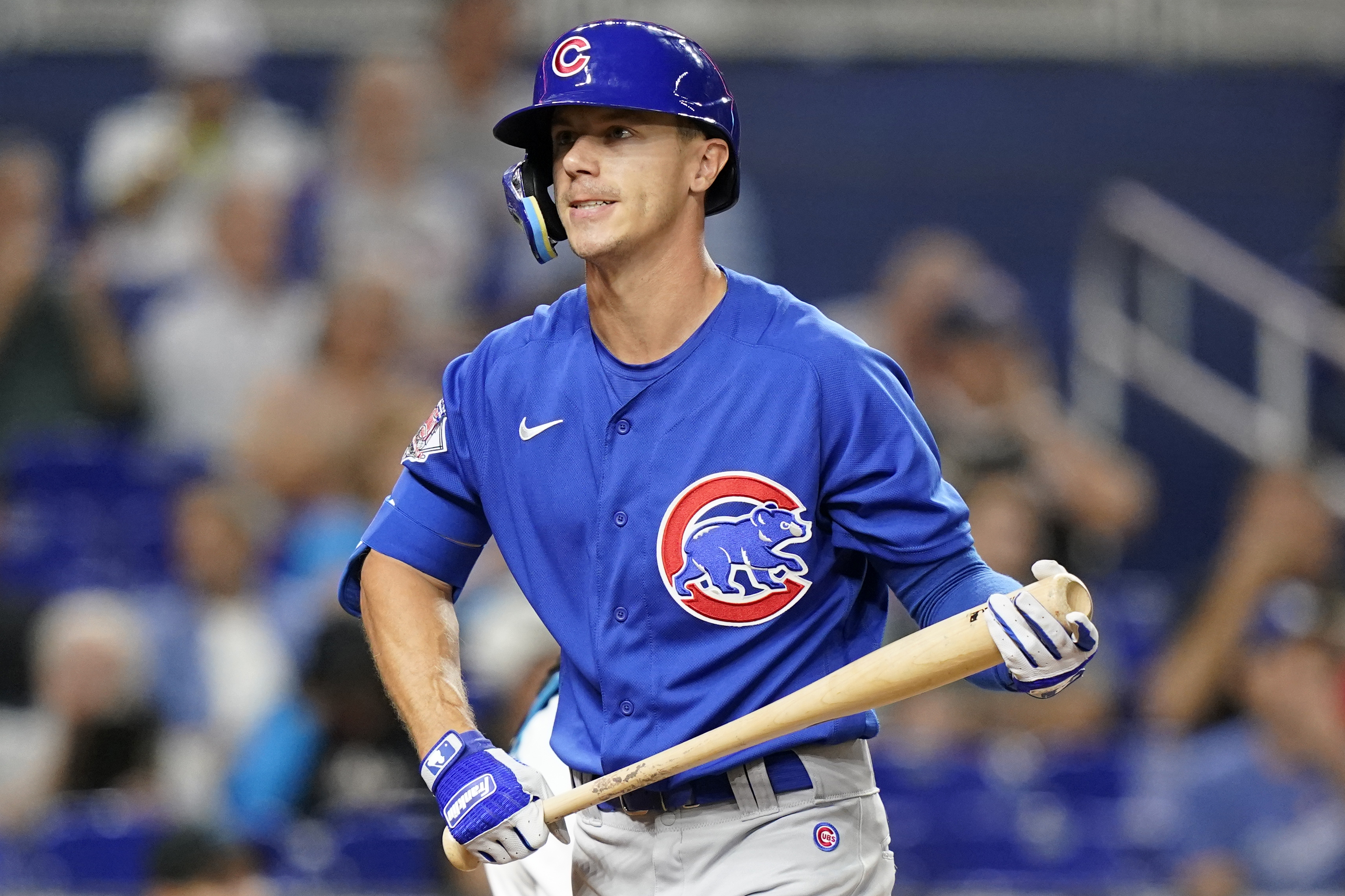 FILE -Chicago Cubs' Jared Young strikes out during the third inning of a baseball game against the Miami Marlins, Tuesday, Sept. 20, 2022, in Miami. 