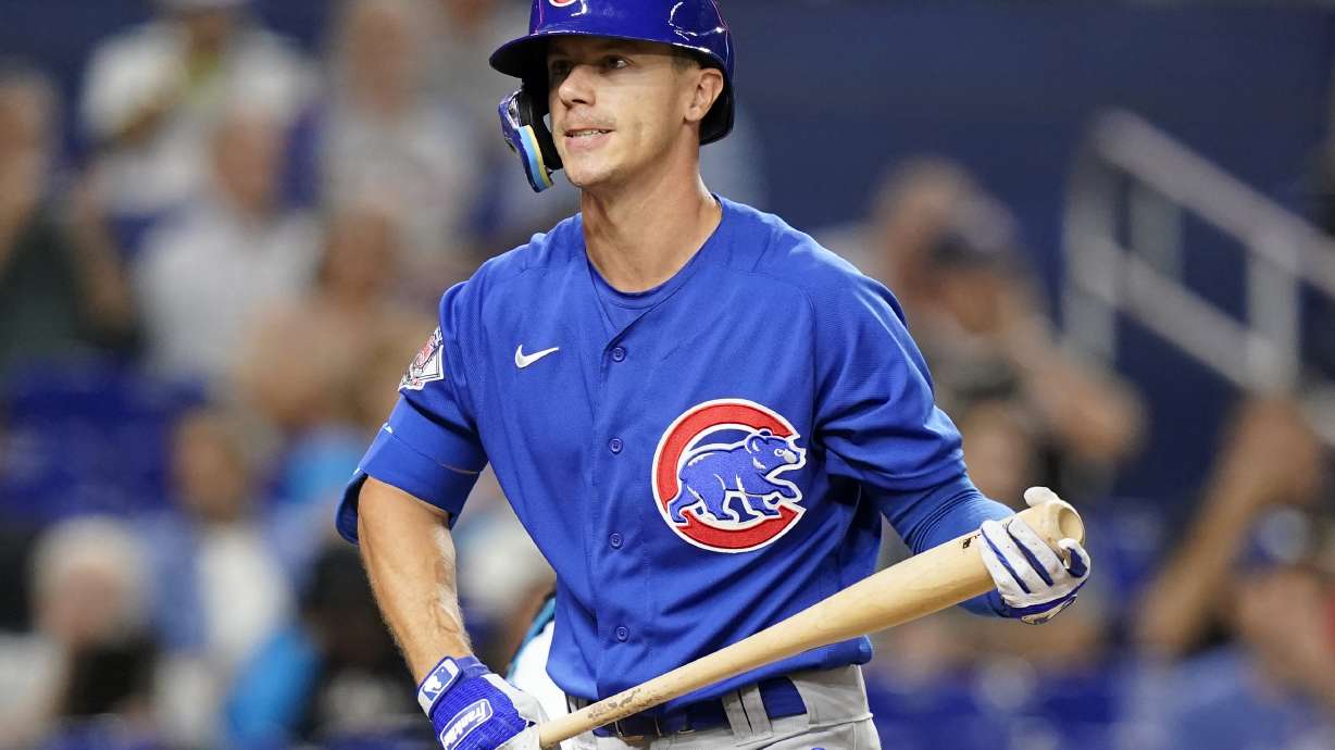 FILE -Chicago Cubs' Jared Young strikes out during the third inning of a baseball game against the Miami Marlins, Tuesday, Sept. 20, 2022, in Miami.