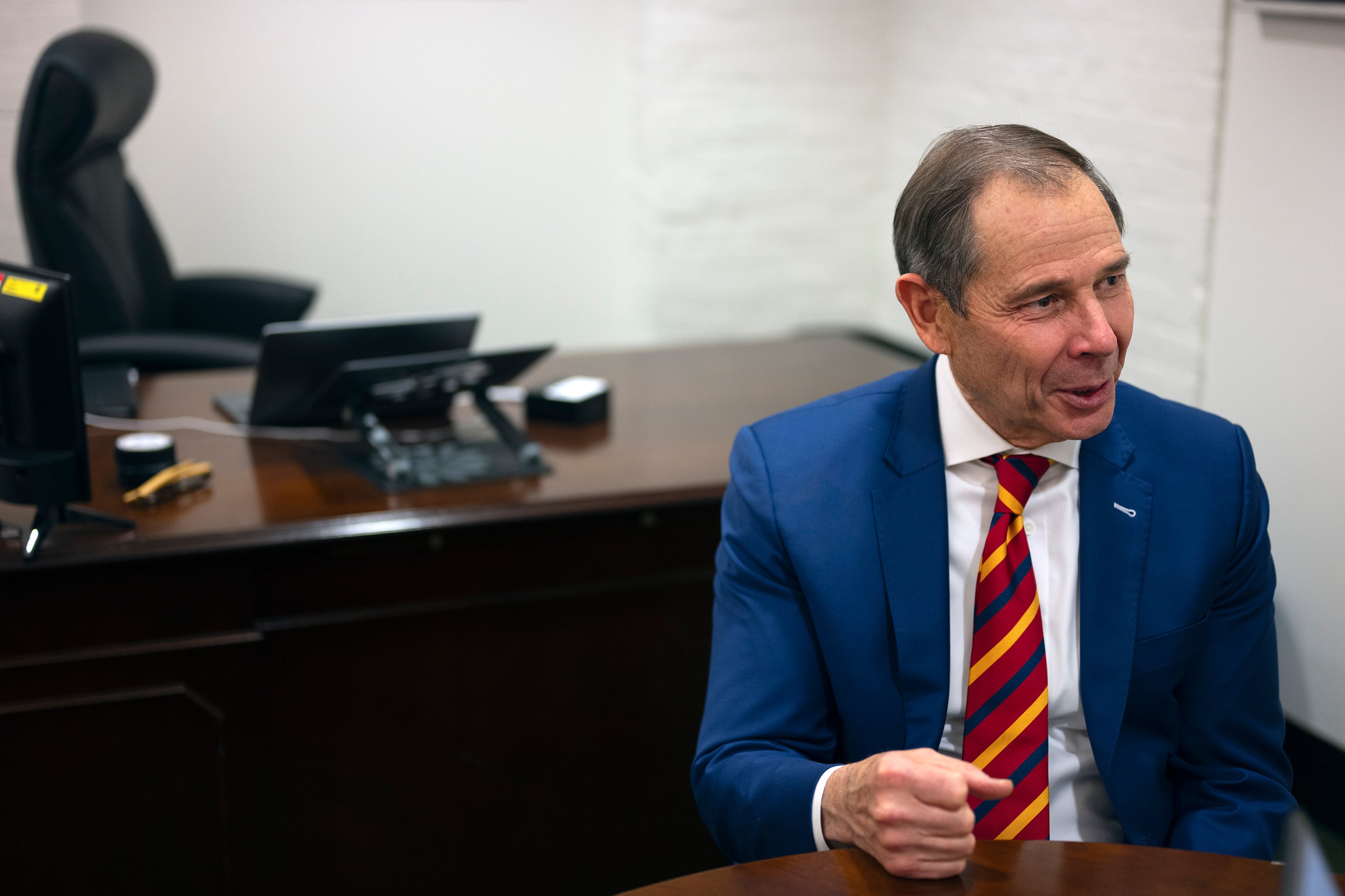 Sen.-elect John Curtis, R-Utah, sits in his temporary basement office during an interview in the Russell Senate Office Building Thursday, in Washington, D.C.