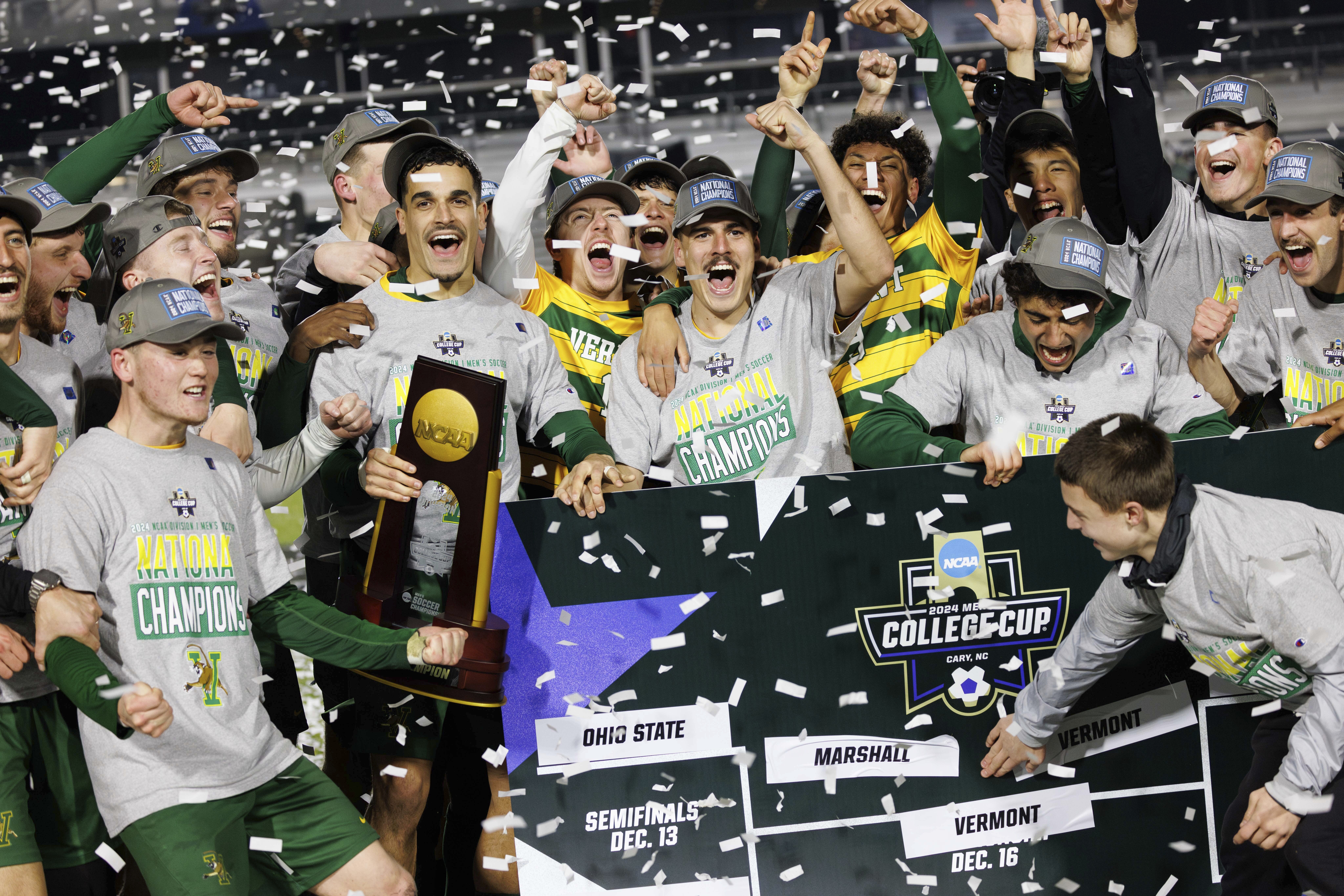 Vermont celebrates after defeating Marshall in the NCAA College Cup National Championship soccer final in Cary, N.C., Monday, Dec. 16, 2024.