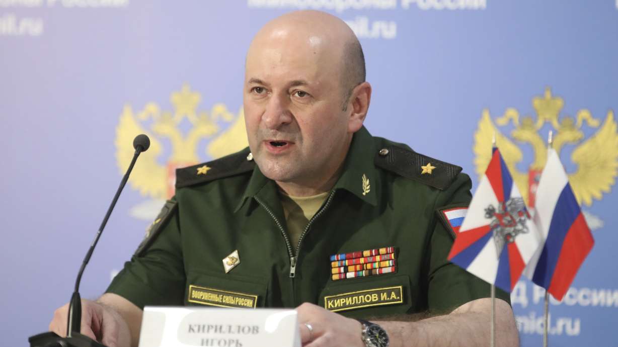 Maj. Gen. Igor Kirillov, the chief of the Russian military's radiation, chemical and biological protection unit, attends a briefing in Kubinka Patriot park, outside Moscow, Russia, on June 22, 2018. He was killed Tuesday by a bomb hidden in a scooter outside his apartment building in Moscow.