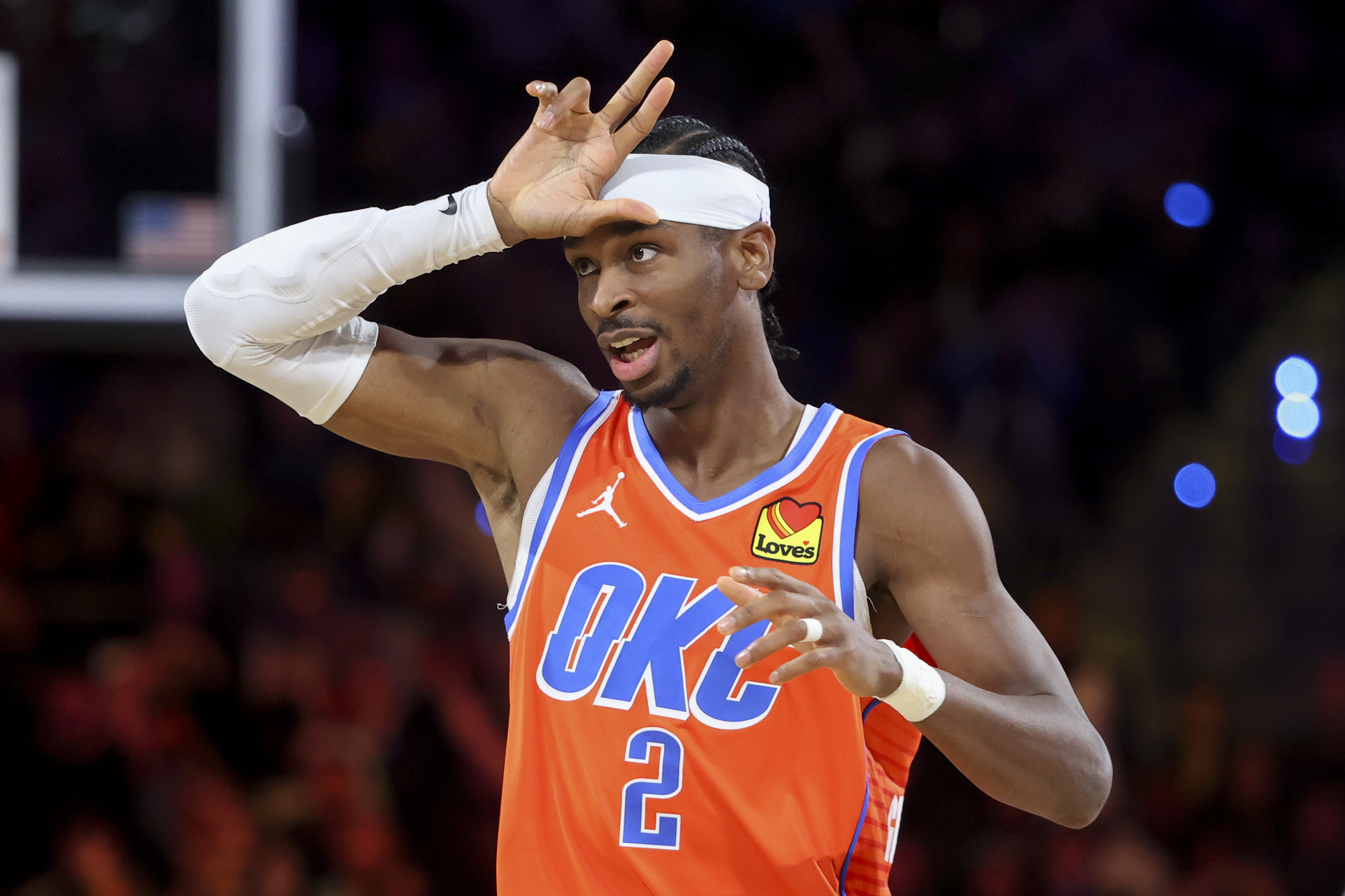 Oklahoma City Thunder guard Shai Gilgeous-Alexander celebrates during the second half of a semifinal game against the Houston Rockets in the NBA Cup basketball tournament Saturday, Dec. 14, 2024, in Las Vegas.