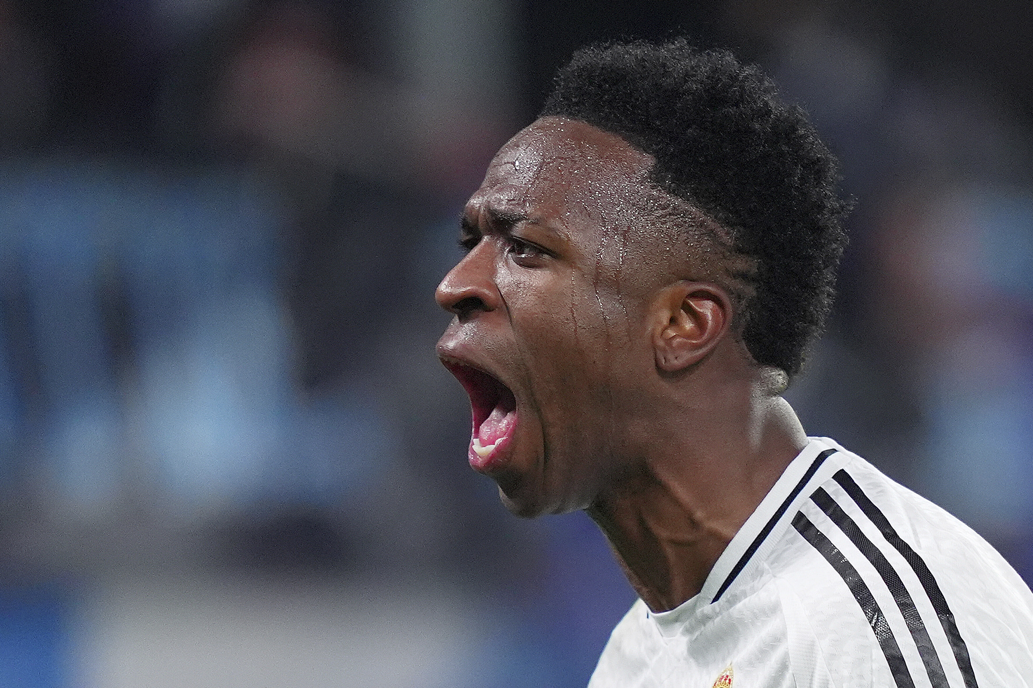 Real Madrid's Vinicius Junior celebrate after scoring during a Champions League opening phase soccer match between Atalanta and Real Madrid at the Bergamo's stadium, in Bergamo, Italy, Tuesday, Dec. 10, 2024. 
