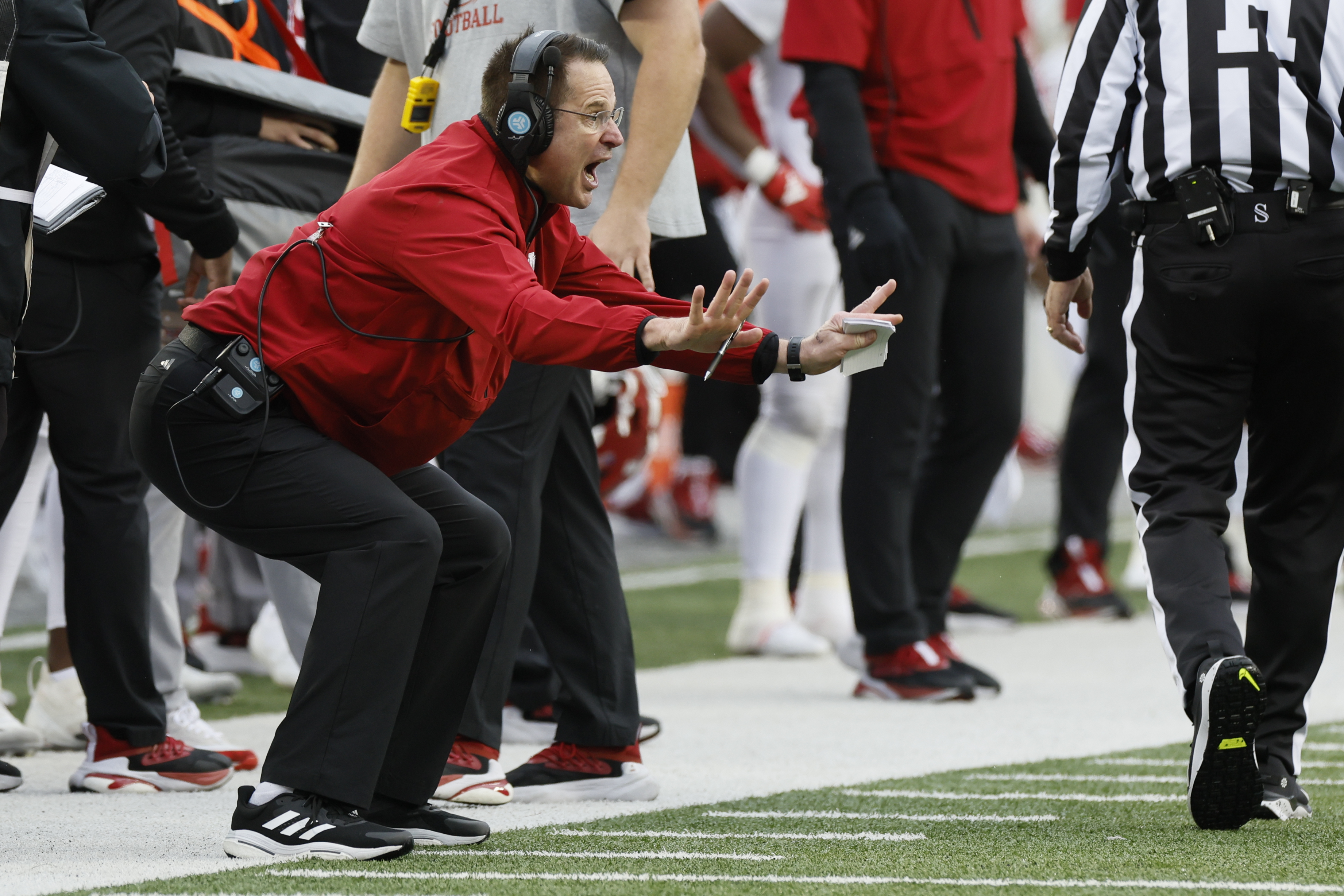 Indiana head coach Curt Cignetti shouts to his players during the second half of an NCAA college football game against Ohio State Saturday, Nov. 23, 2024, in Columbus, Ohio. 