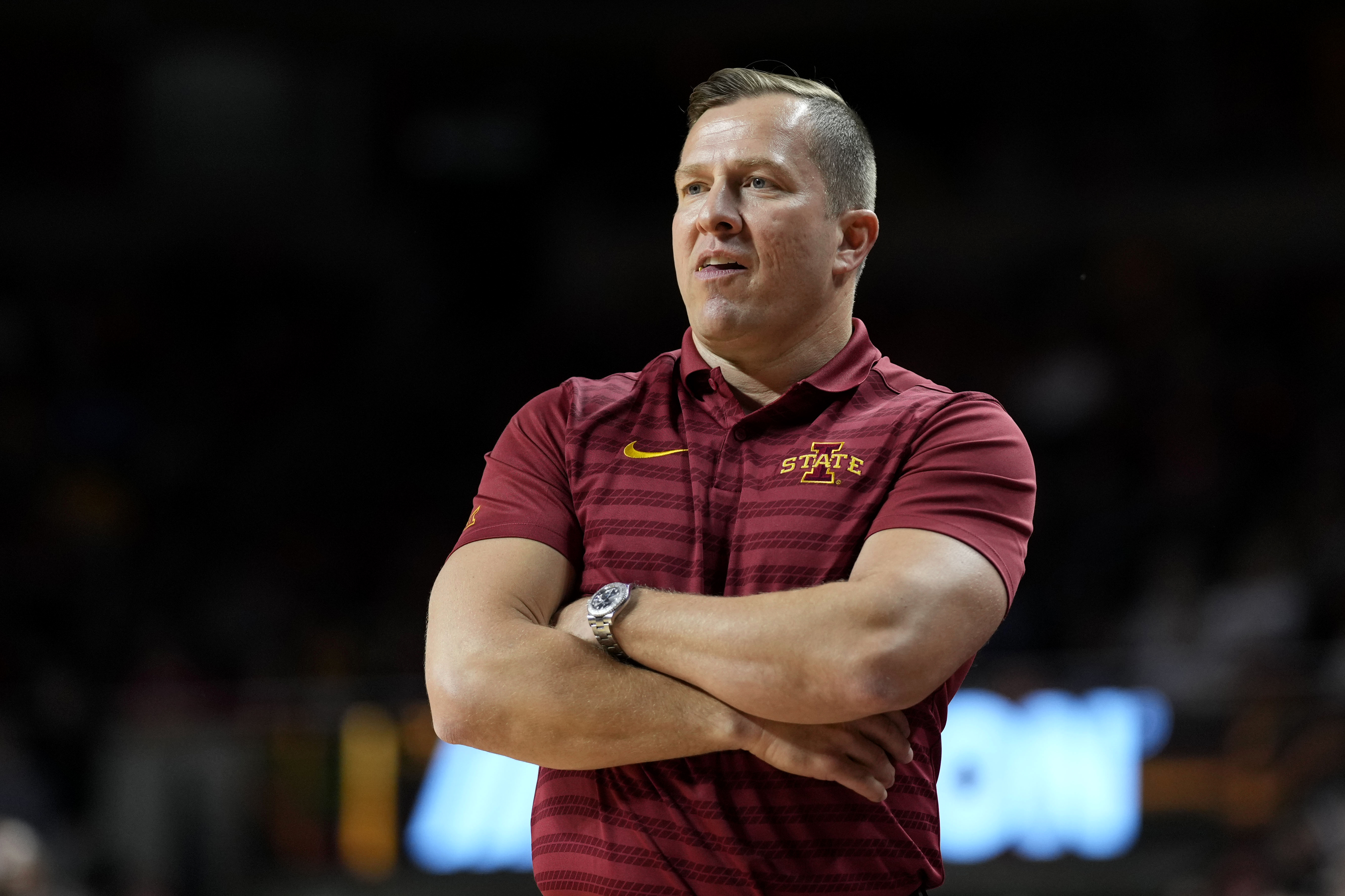 Iowa State head coach T.J. Otzelberger watches from the bench during the second half of an NCAA college basketball game against Jackson State, Sunday, Dec. 8, 2024, in Ames, Iowa.