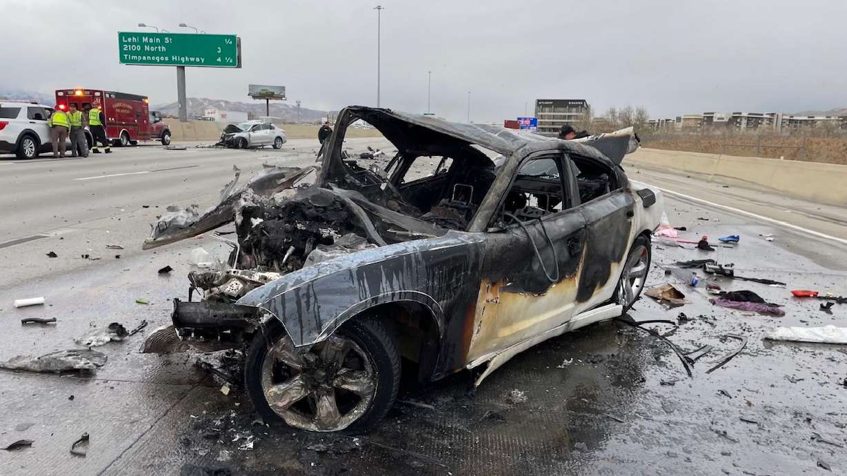A vehicle is pictured following a multivehicle crash on northbound I-15 in Lehi on Tuesday.