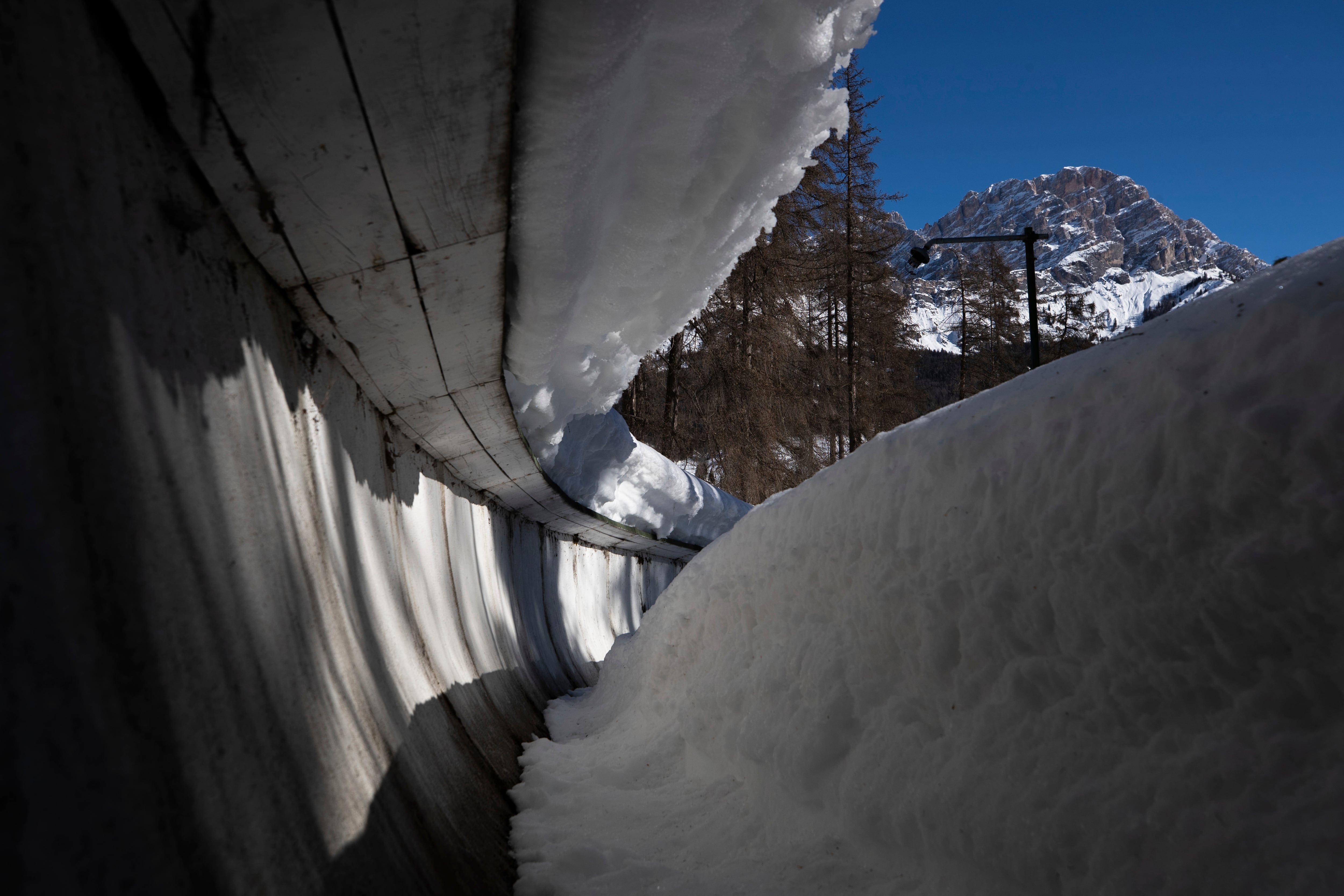 A view of the bobsled track in Cortina d'Ampezzo, Italy, on Feb. 17, 2021. The International Olympic Committee reiterated that the bobsled track for the Milan-Cortina Games has to be ready by March 2025 and there will be no “compromise.”