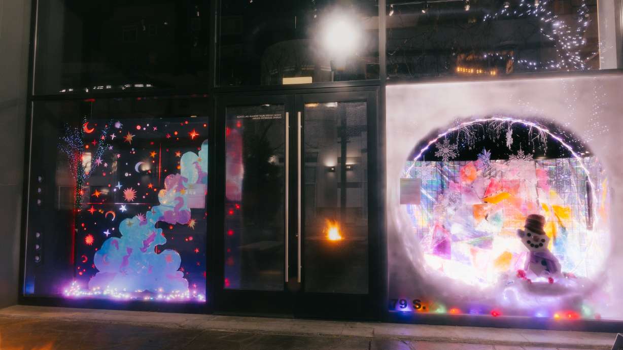 Whimsical winter-themed works of art by local artists are adorning windows in downtown Salt Lake City at the Gateway.