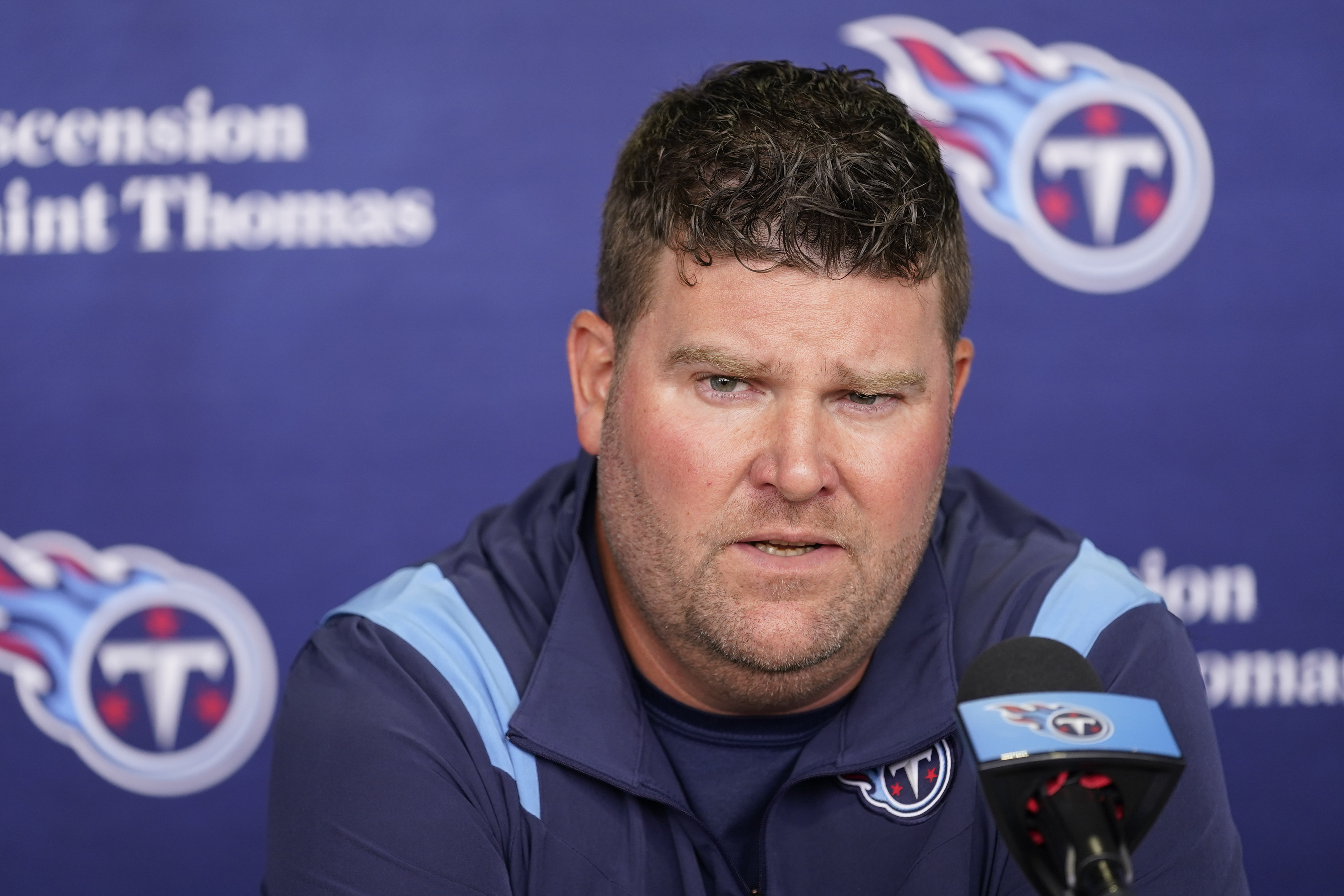 FILE - Tennessee Titans general manager Jon Robinson answers questions at an NFL football news conference Tuesday, July 26, 2022, in Nashville, Tenn.