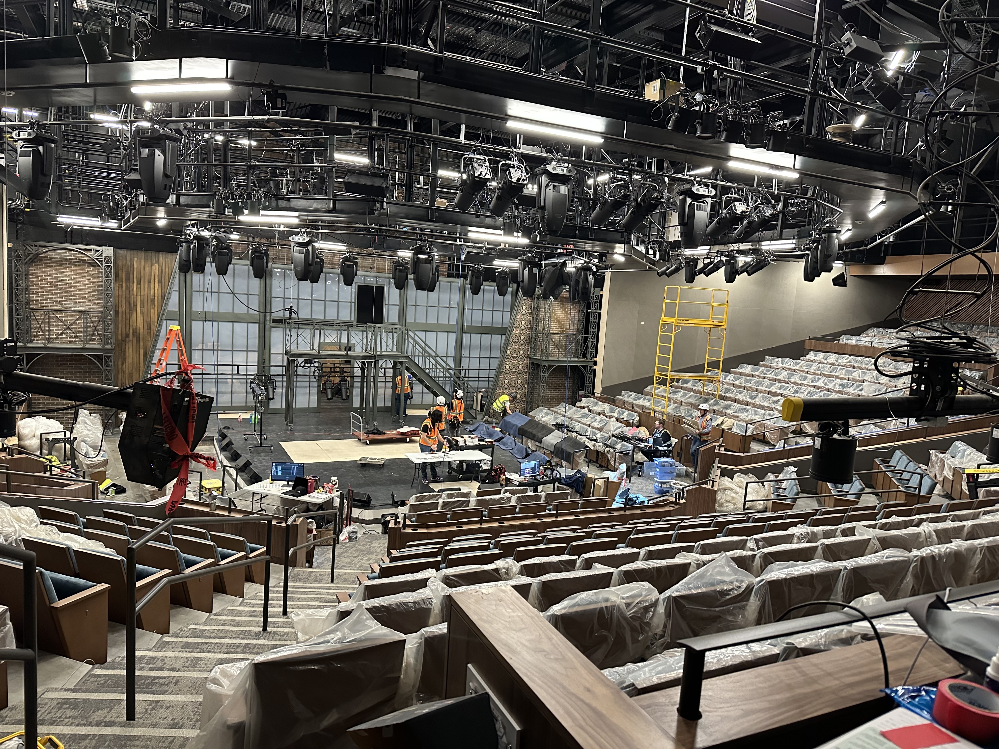 Construction crews put the finishing touches on the large stage at the Ruth and Nathan Hale Theater — The Ruth — in Pleasant Grove on Dec. 12.