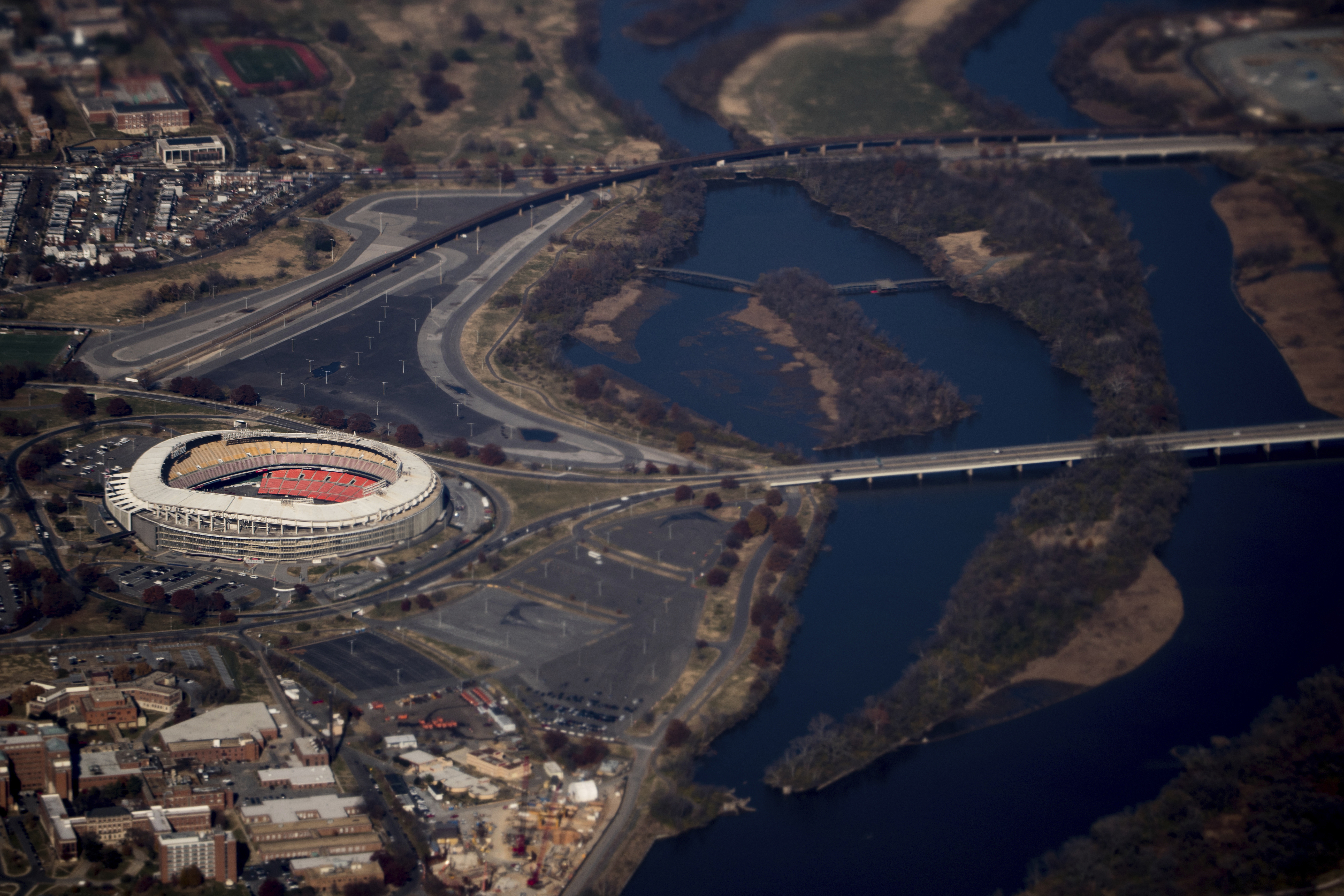 FILE - RFK Stadium is visible from Air Force One as it takes off from Andrews Air Force Base, Md., Wednesday, Nov. 29, 2017, as President Donald Trump flies to St. Louis to speak at a tax reform rally.