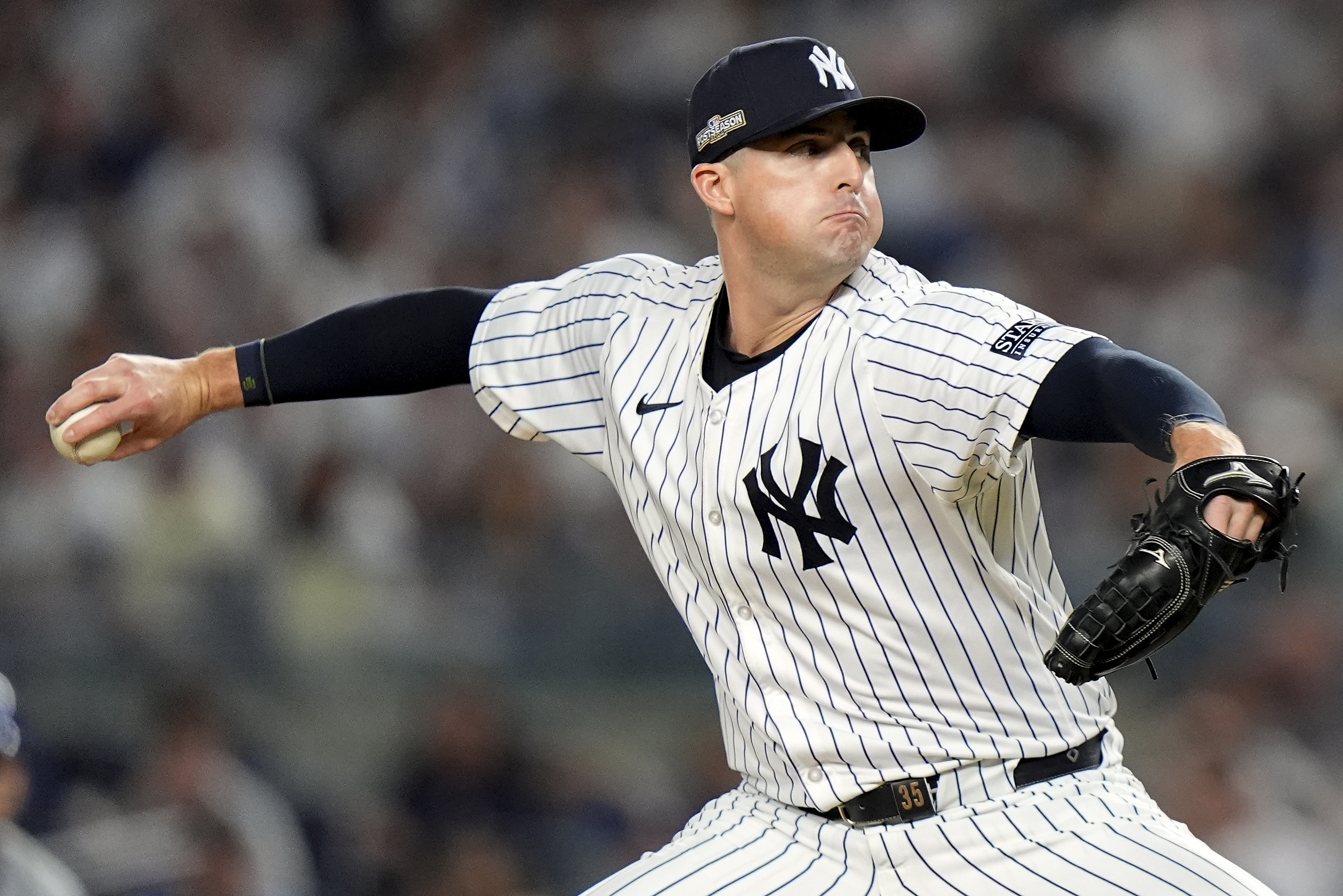 FILE -New York Yankees pitcher Clay Holmes delivers against the Kansas City Royals during the sixth inning of Game 1 of the American League baseball division series, Saturday, Oct. 5, 2024, in New York. 