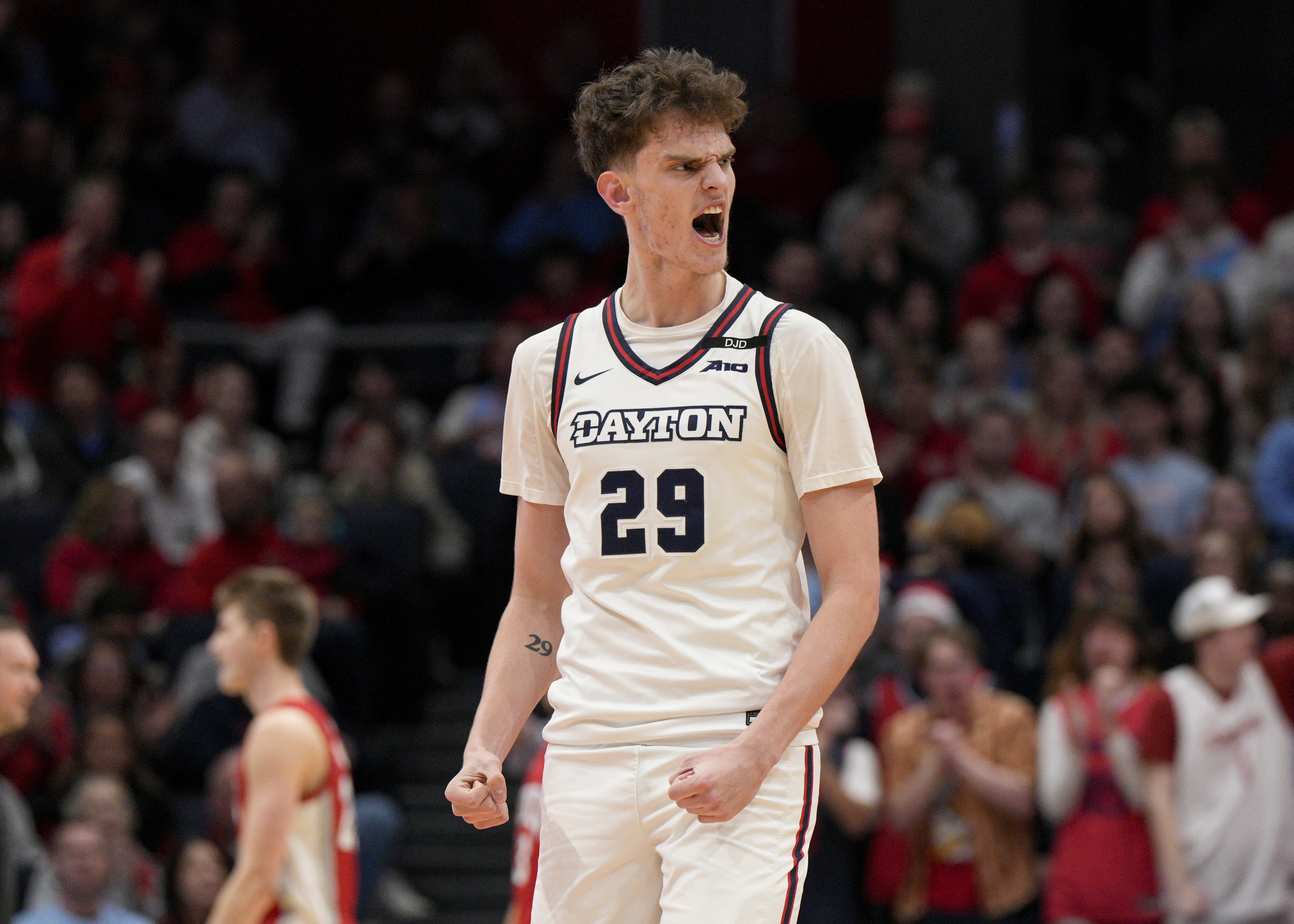 Dayton's Amael L'Etang (29) reacts during the first half of an NCAA college basketball game against UNLV, Tuesday, Dec. 17, 2024, in Dayton, Ohio.