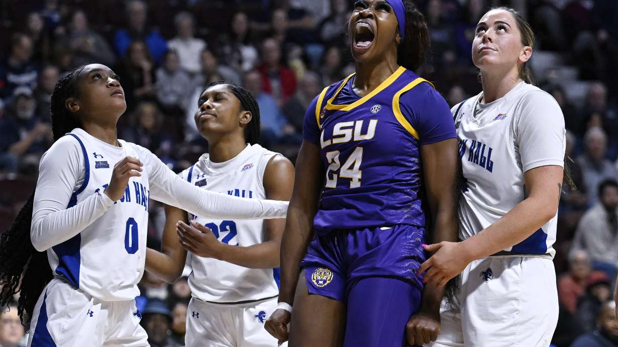 LSU guard Aneesah Morrow (24) reacts after making a basket while being fouled by Seton Hall in the second half of an NCAA college basketball game, Tuesday, Dec. 17, 2024, in Uncasville, Conn.