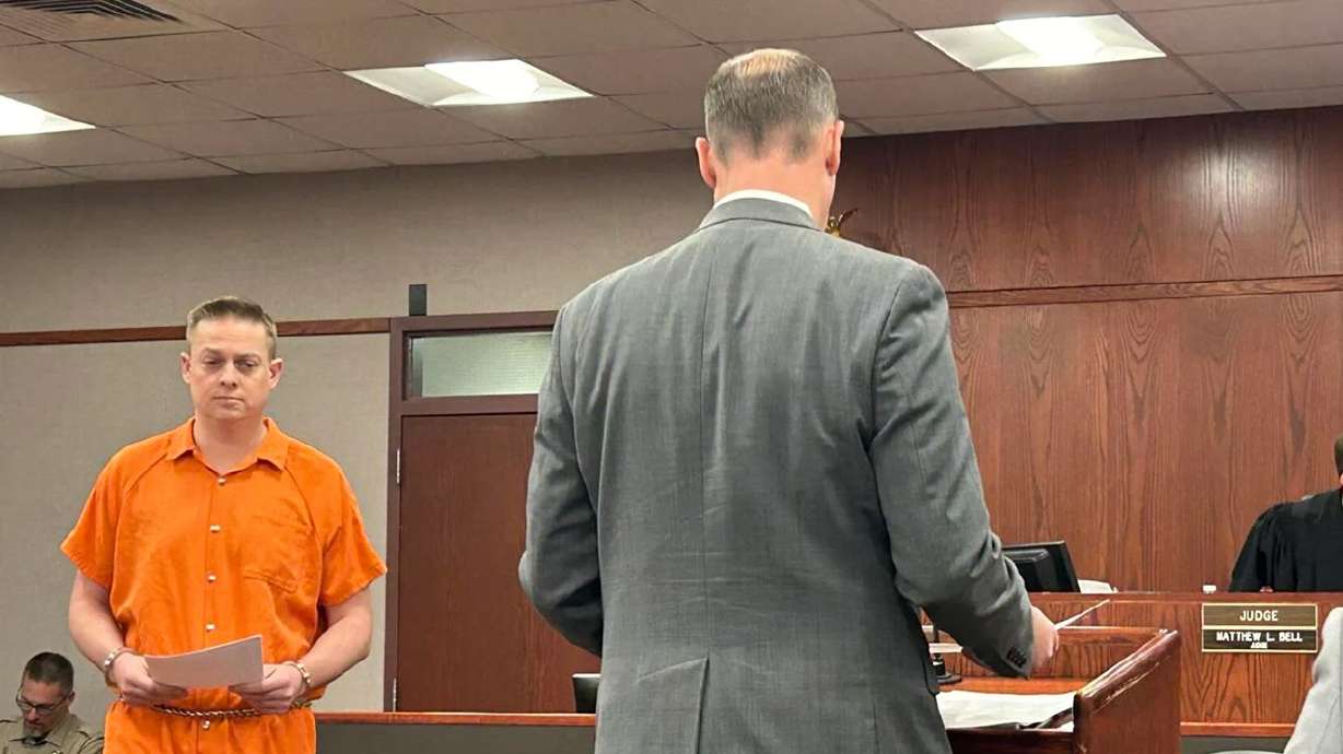 Andrew Hill and defense attorney Jack Burns appear before 5th District Judge Matthew L. Bell during Hill's sentencing hearing, Cedar City, Monday.