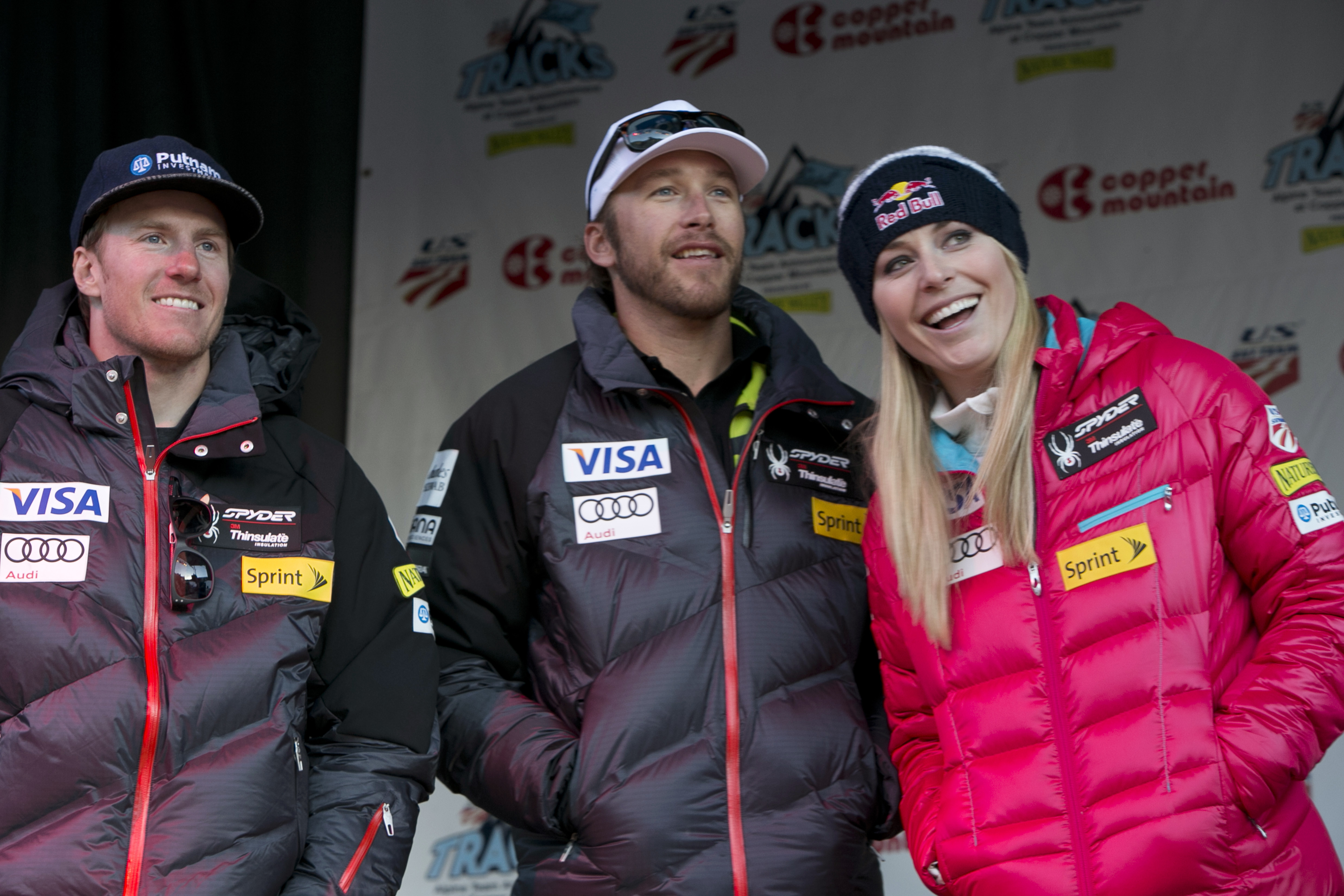 FILE - Ted Ligety, left, Bode Miller, Lindsey Vonn stand together at a U.S. Ski Team event at Copper Mountain, Colo., on Friday, Nov. 8, 2013. 