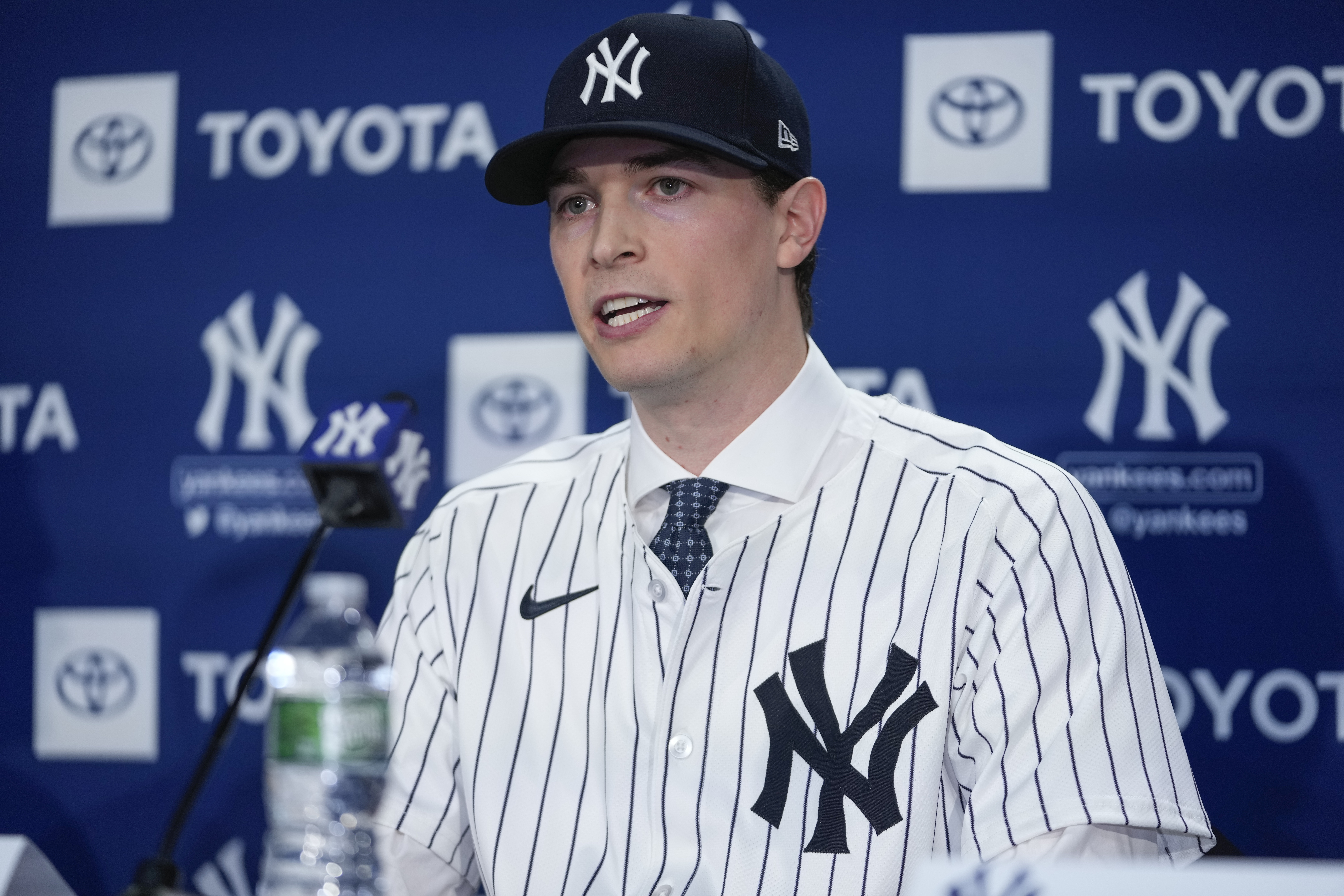 New York Yankees' Max Fried speaks during a baseball news conference, Wednesday, Dec. 18, 2024, in New York.