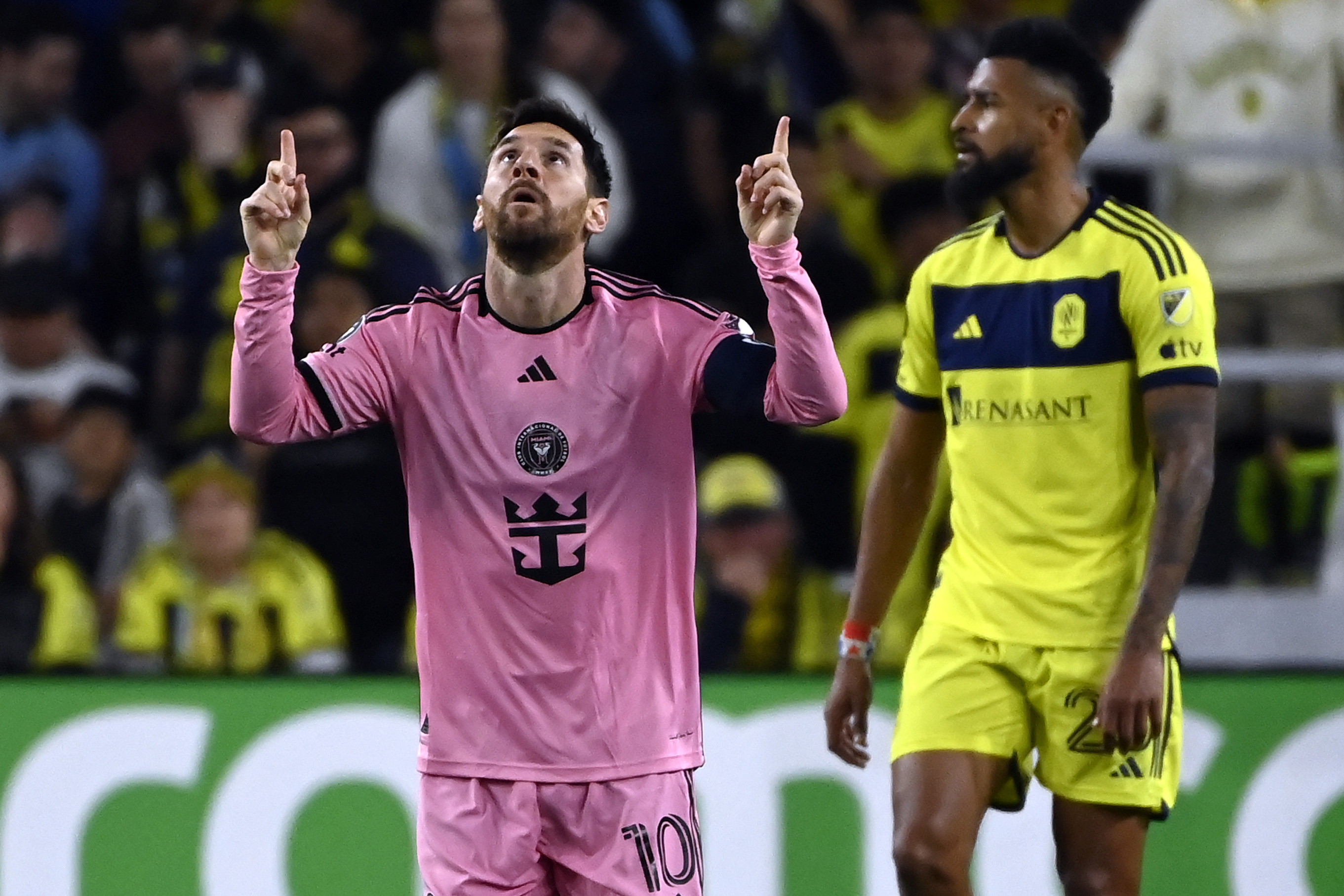 FILE - Inter Miami forward Lionel Messi (10) reacts after scoring a goal against Nashville SC during the second half of an CONCACAF Champions Cup tournament soccer match Thursday, March 7, 2024, in Nashville, Tenn. 