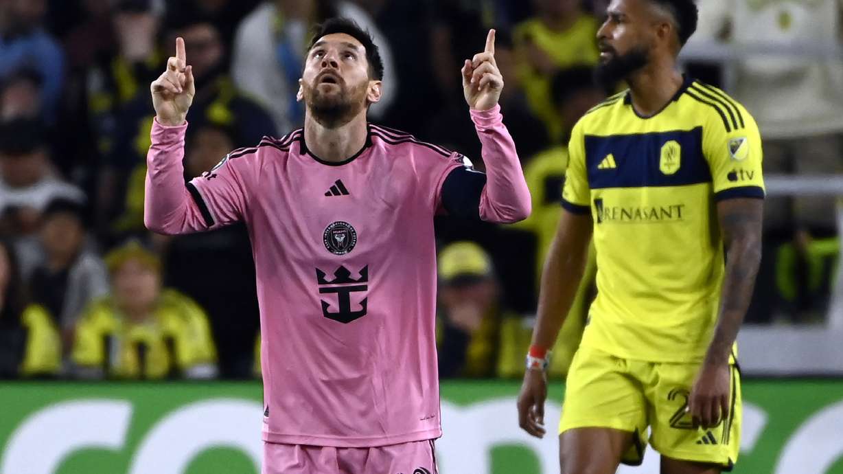 FILE - Inter Miami forward Lionel Messi (10) reacts after scoring a goal against Nashville SC during the second half of an CONCACAF Champions Cup tournament soccer match Thursday, March 7, 2024, in Nashville, Tenn.