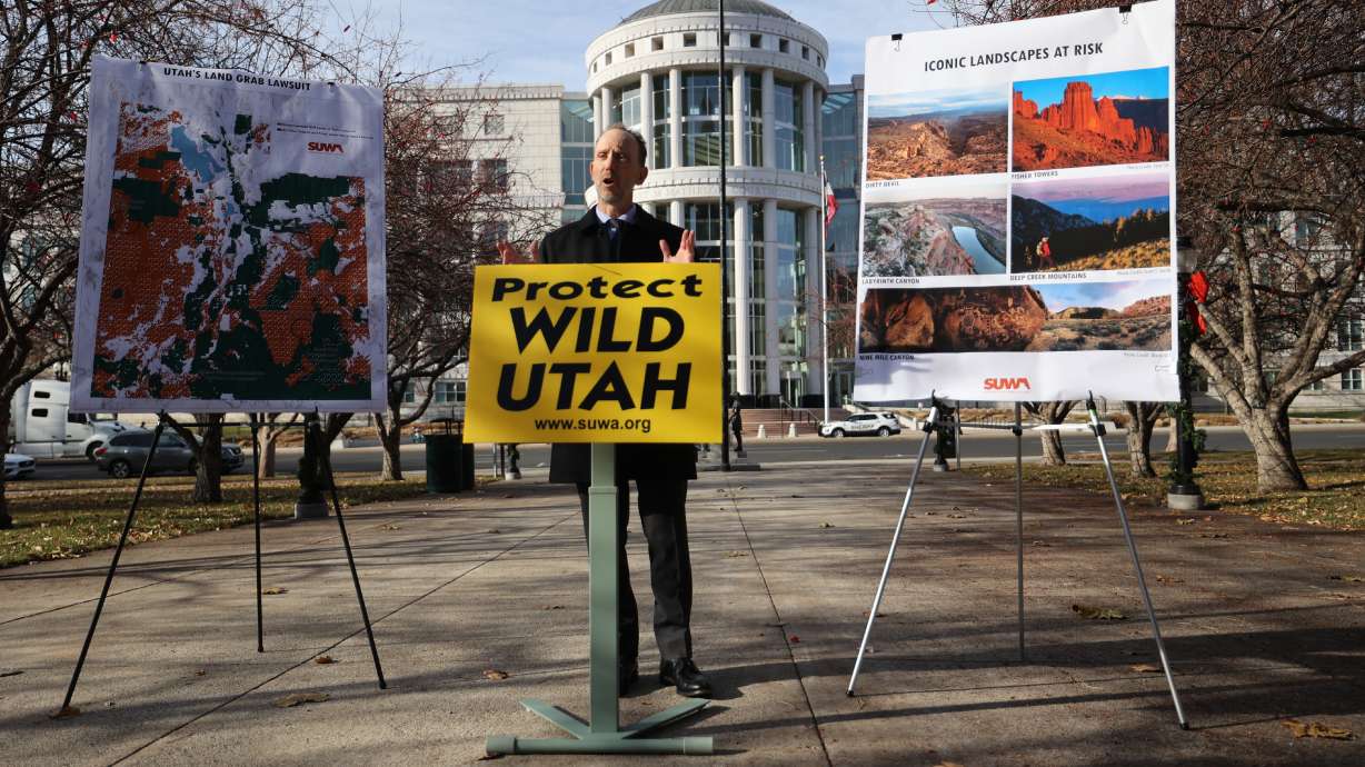 Steve Bloch, Southern Utah Wilderness Alliance legal director, speaks during a SUWA press conference outside of the Salt Lake City-County Building on Wednesday. The organization filed a lawsuit challenging Utah's federal lands lawsuit that was filed in August.