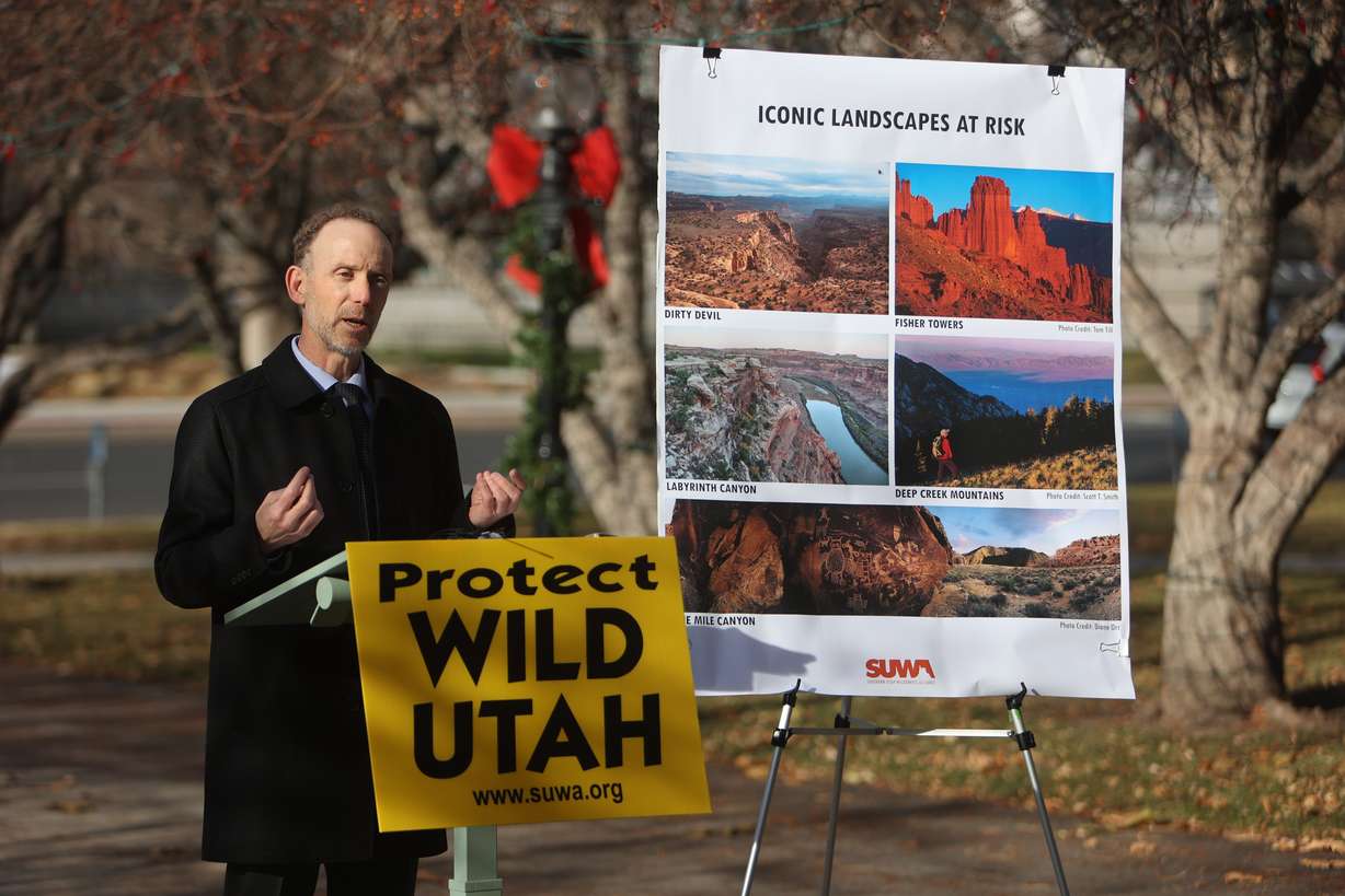 Steve Bloch, Southern Utah Wilderness Alliance legal director, speaks during a SUWA press conference outside of the Salt Lake City-County Building in Salt Lake City on Wednesday.