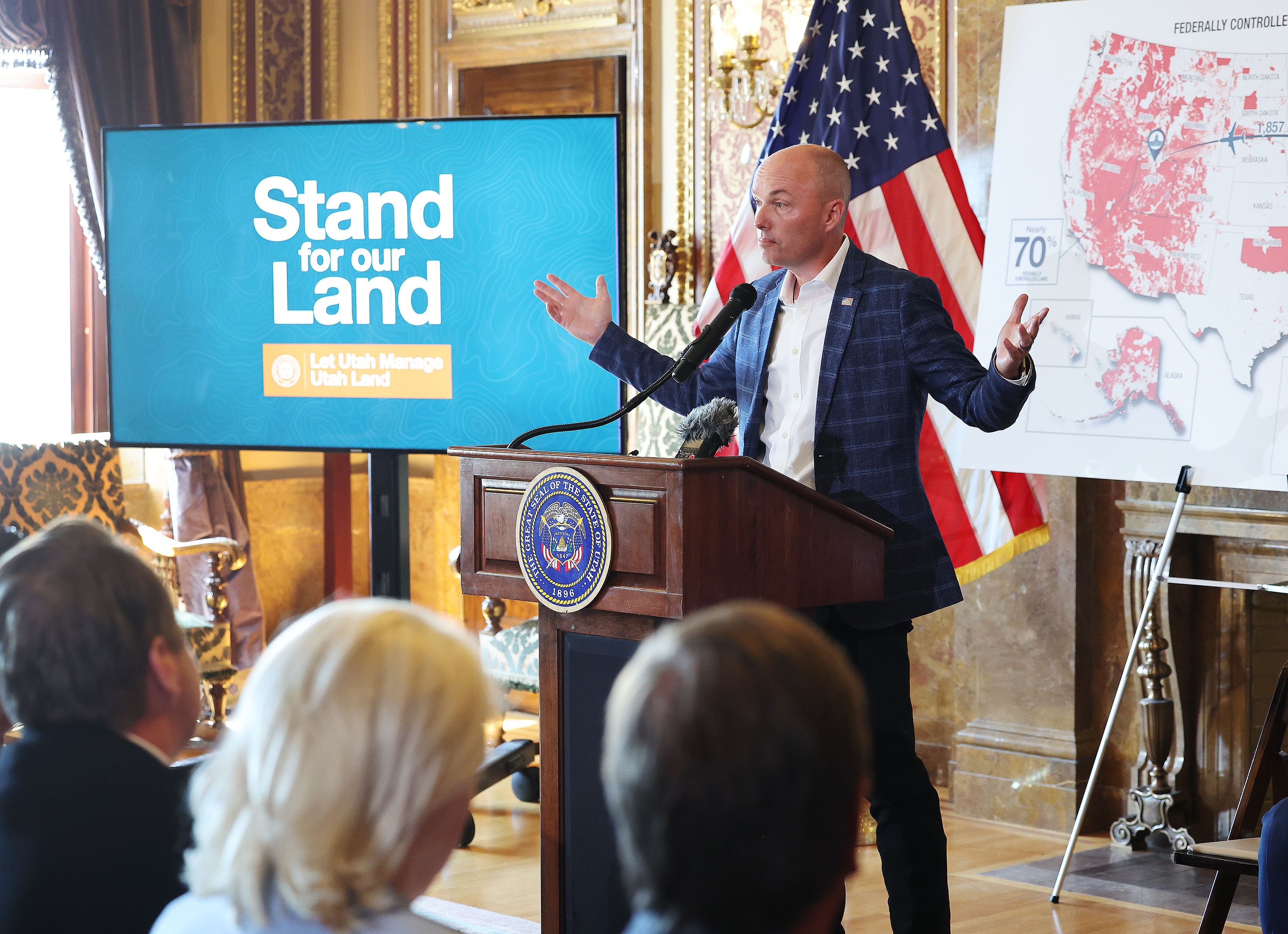 Gov. Spencer J. Cox speaks during a press conference to announce state action for Utah public lands at the state Capitol in Salt Lake City on Aug. 20.