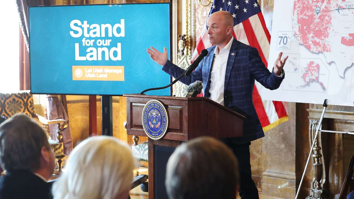 Gov. Spencer J. Cox speaks during a press conference to announce state action for Utah public lands at the Capitol in Salt Lake City on Aug. 20, 2024. The U.S. Supreme Court on Monday decided to not to take up the state's public lands lawsuit.