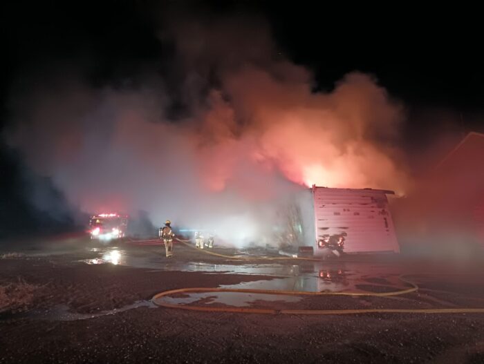 The Historic Wendover Airfield's morgue burns as the Wendover Fire Department attempts to extinguish the blaze Sunday.