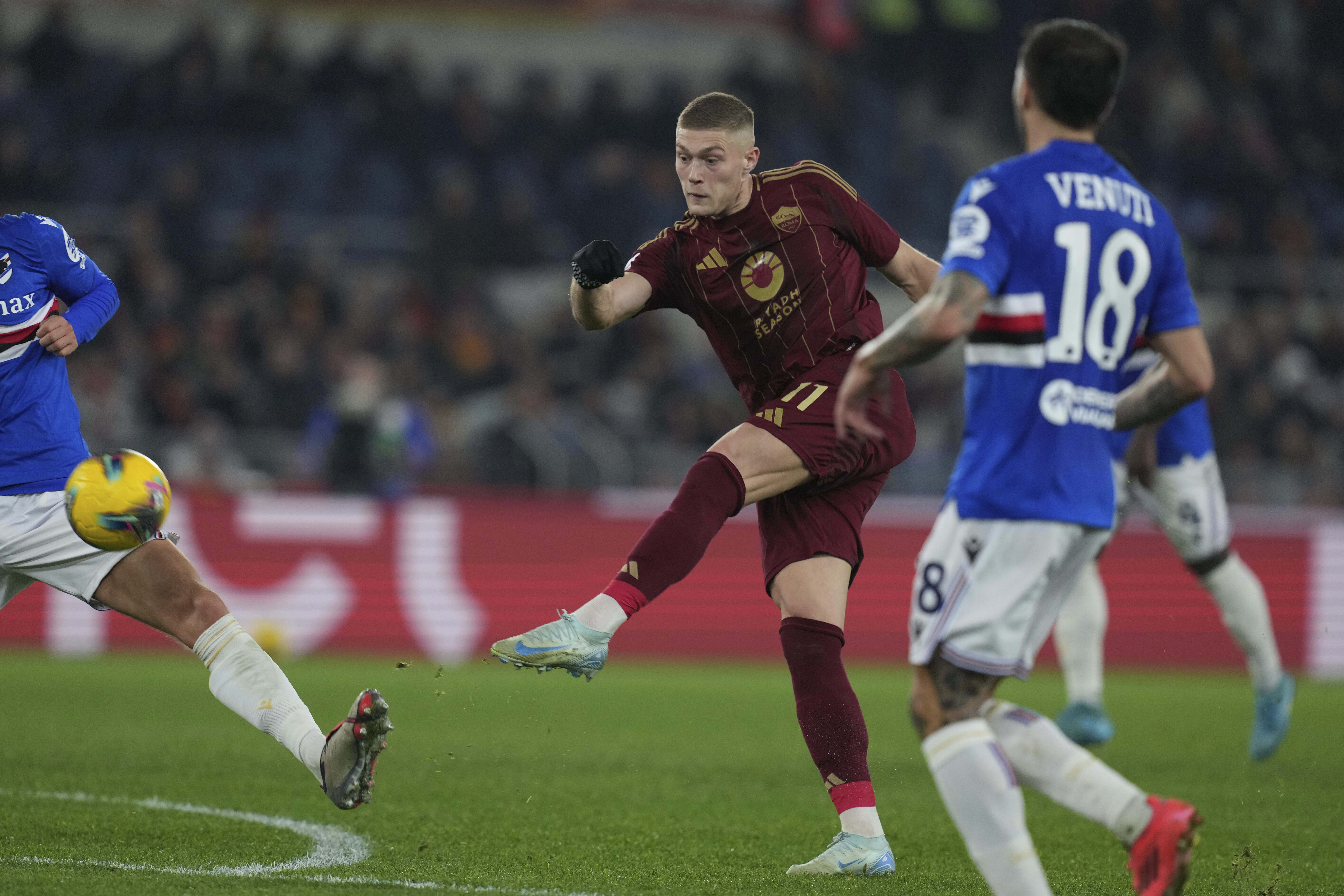 Roma's Artem Dovbyk shoots at goal during the Italian Cup soccer match between Roma and Sampdoria, at Rome's Olympic Stadium, Wednesday, Dec. 18, 2024.