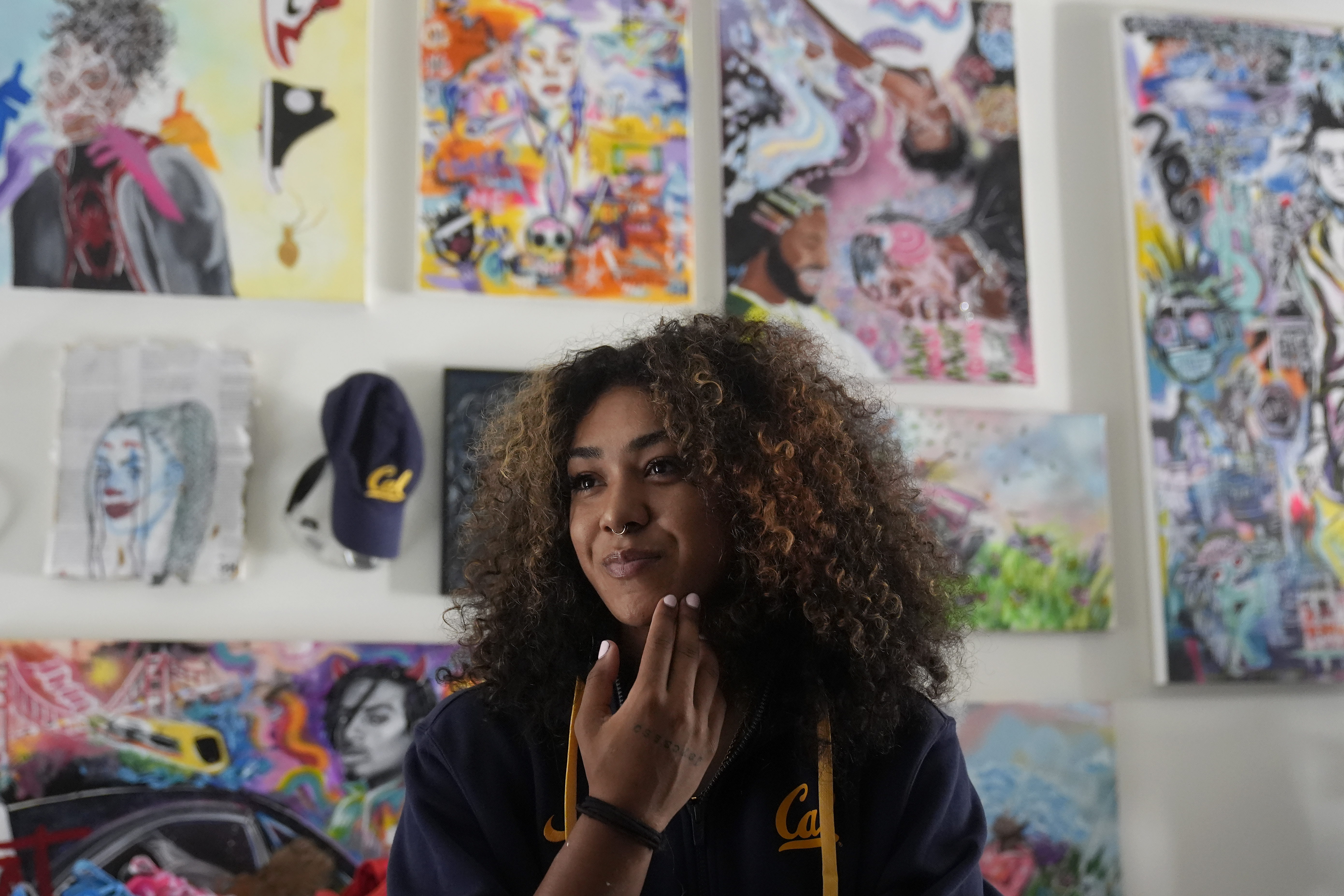 California basketball player Jayda Noble is interviewed in front of her artwork in Berkeley, Calif., Monday, Oct. 21, 2024.