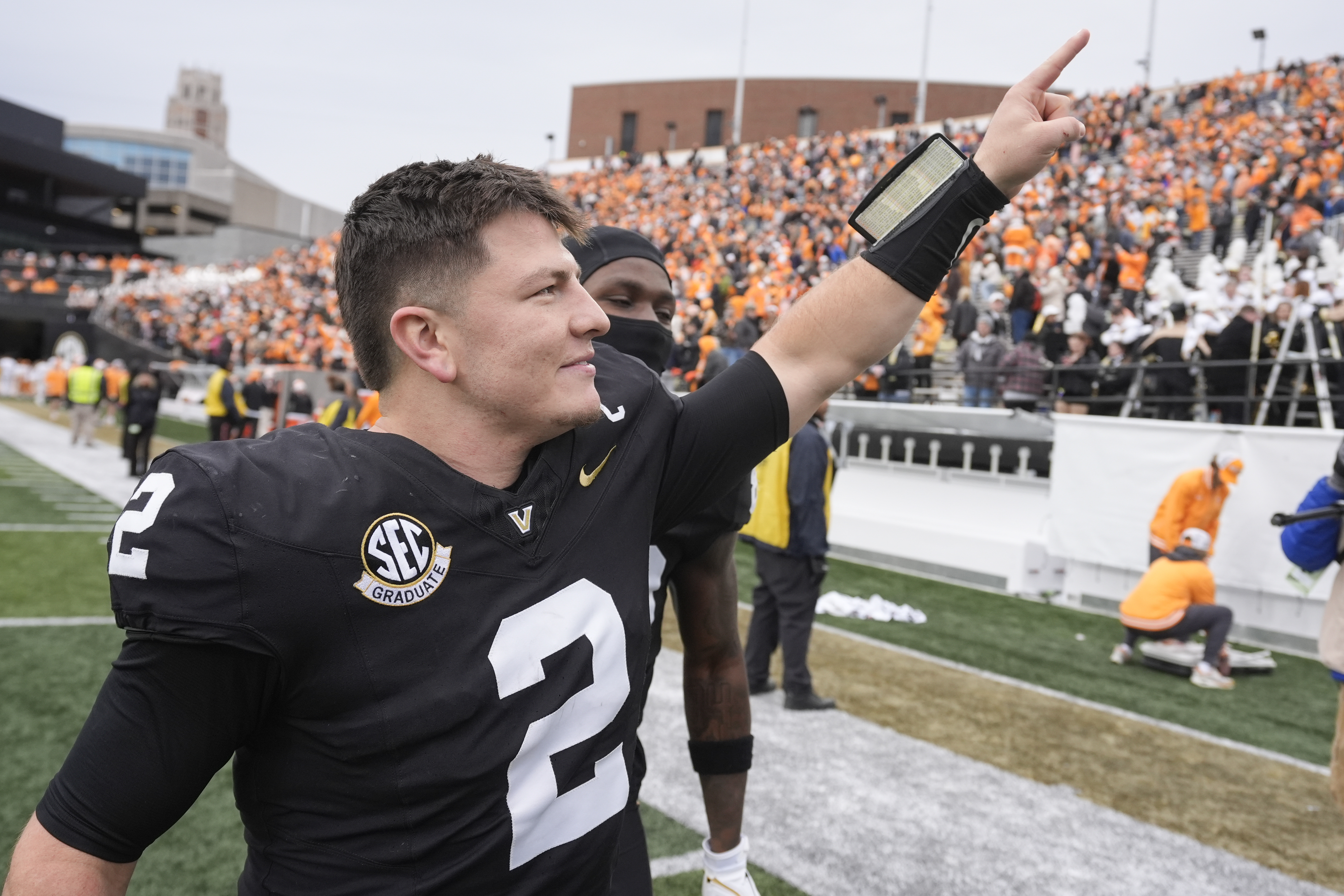 Vanderbilt quarterback Diego Pavia (2) waves to fans as he leaves the field after an NCAA college football game against Tennessee Saturday, Nov. 30, 2024, in Nashville, Tenn. Tennessee won 36-23.