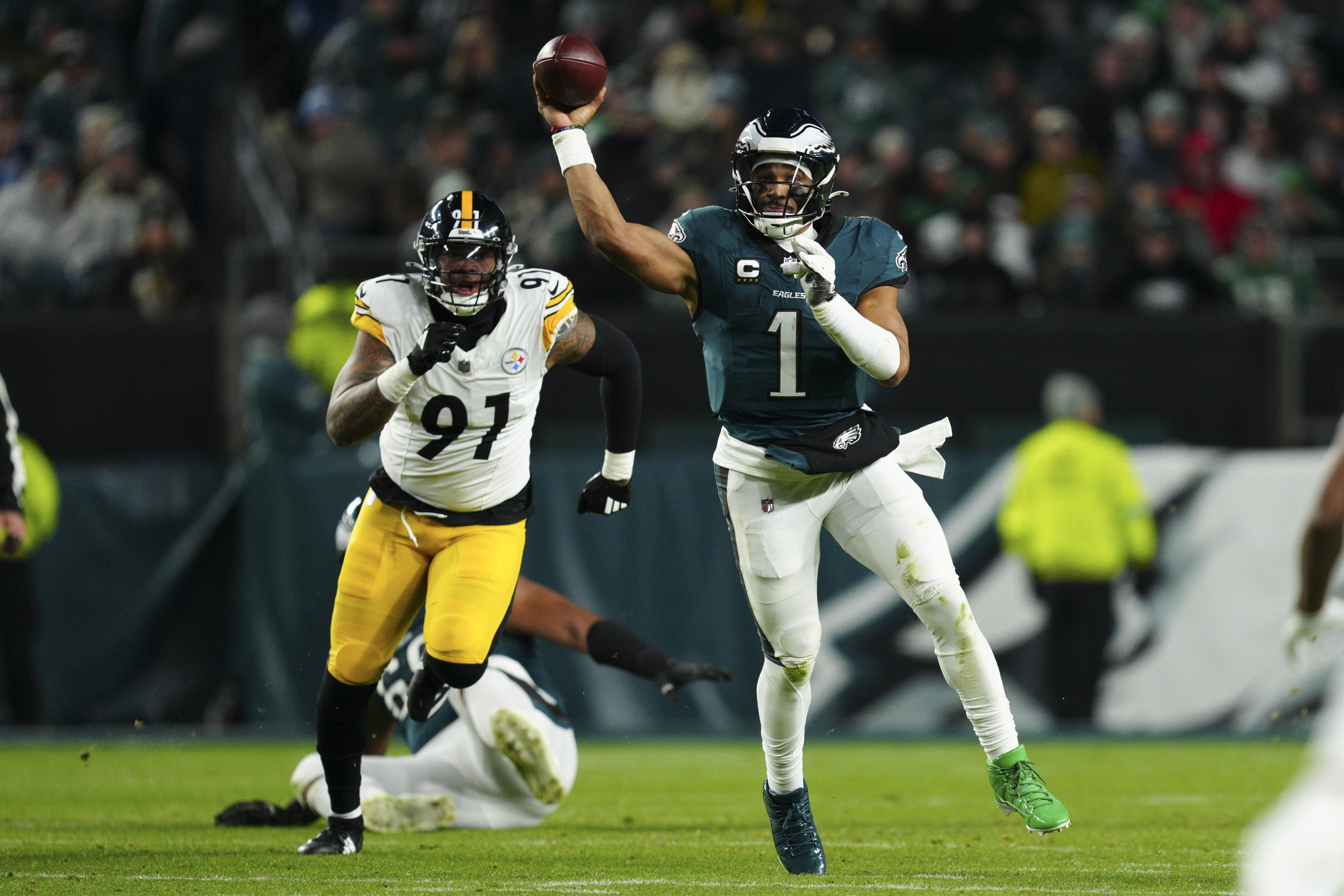 Philadelphia Eagles quarterback Jalen Hurts (1) throws the ball during the second half of an NFL football game against the Pittsburgh Steelers on Sunday, Dec. 15, 2024, in Philadelphia. 